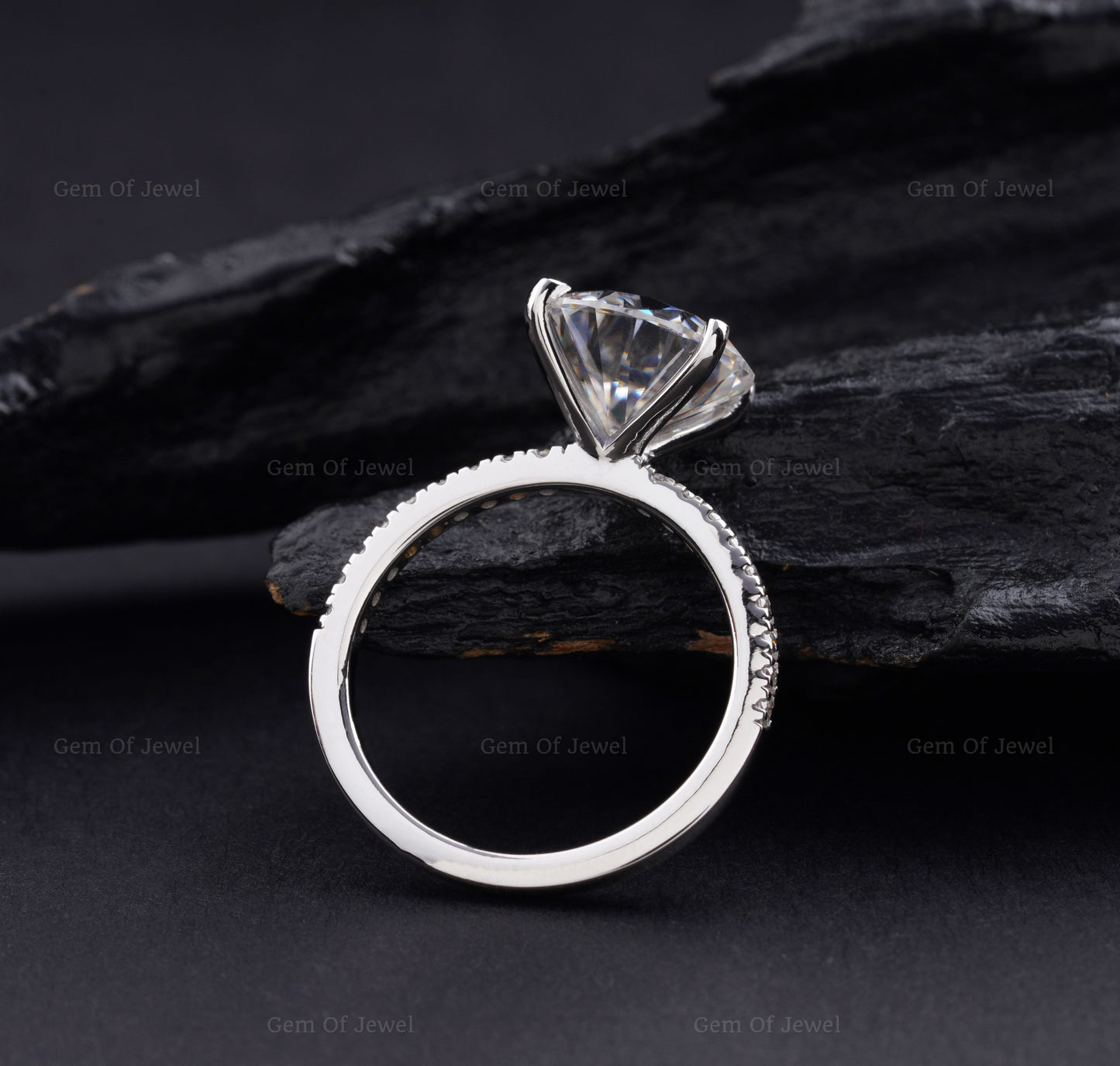 3CT Round Moissanite Diamond Solid Gold Ring, Four Prong Engagement Ring With And Pave Eternity On Band, Round Moissanite Diamond Ring