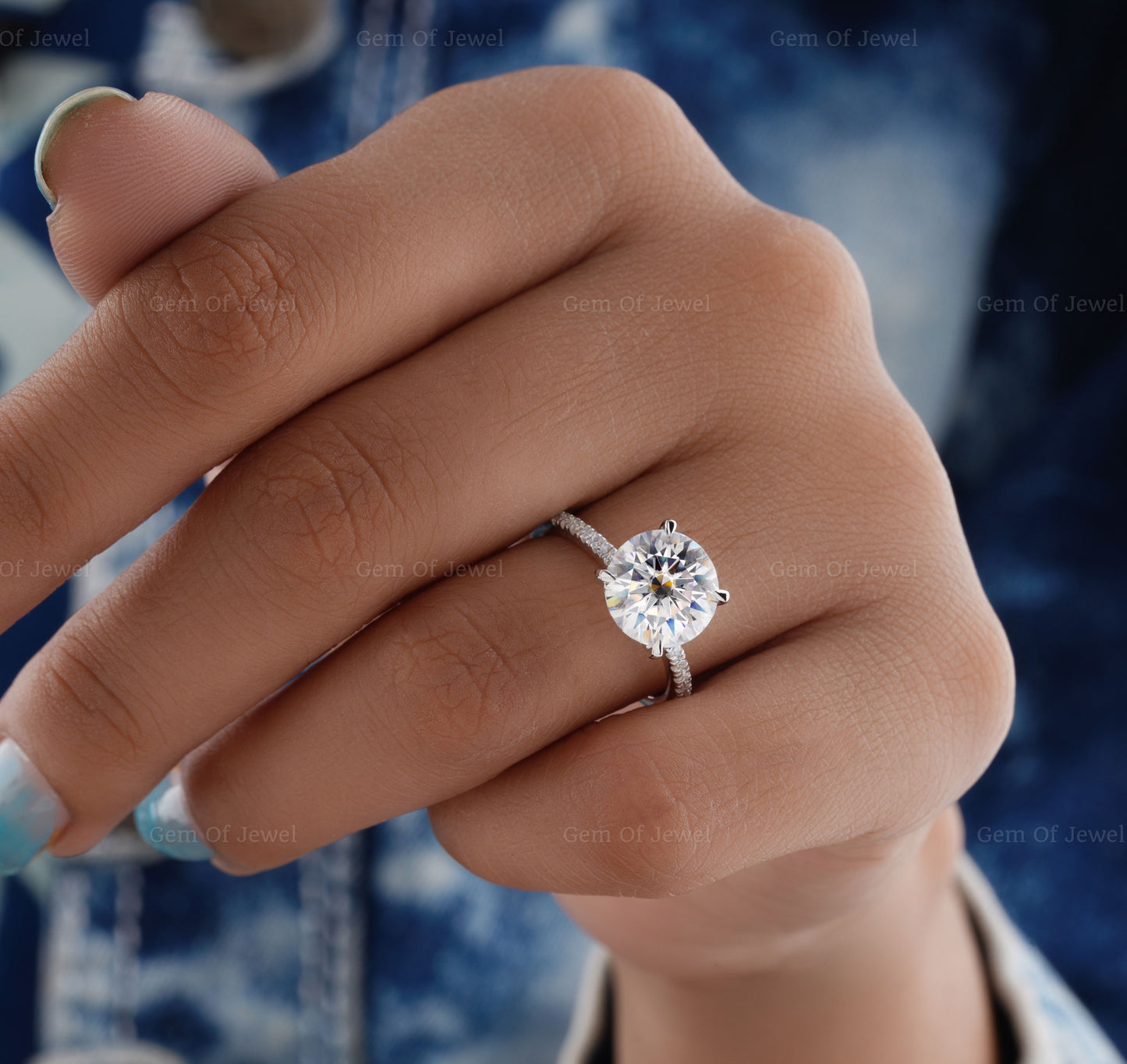 3CT Round Moissanite Diamond Solid Gold Ring, Four Prong Engagement Ring With And Pave Eternity On Band, Round Moissanite Diamond Ring