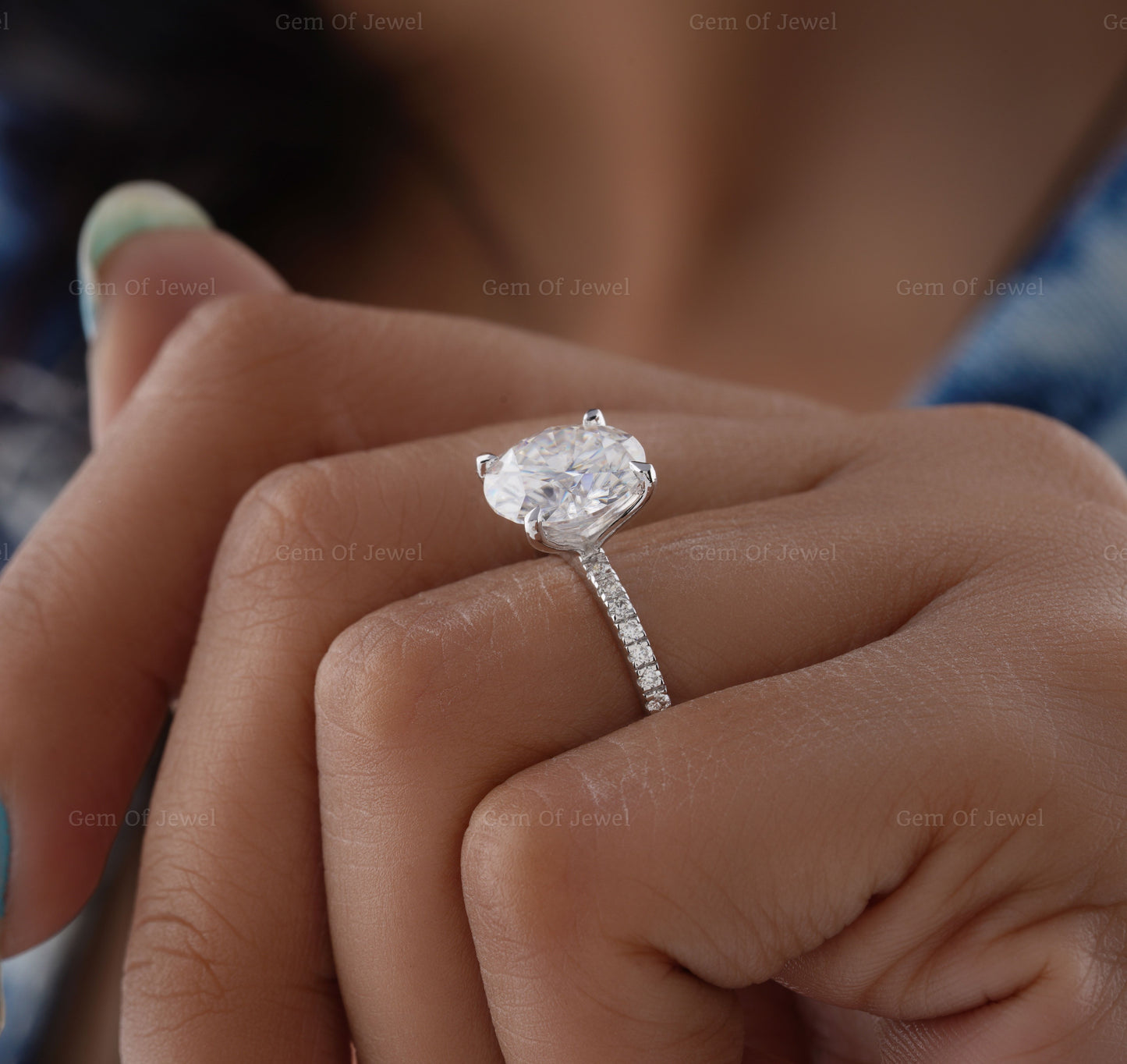 3CT Round Moissanite Diamond Solid Gold Ring, Four Prong Engagement Ring With And Pave Eternity On Band, Round Moissanite Diamond Ring