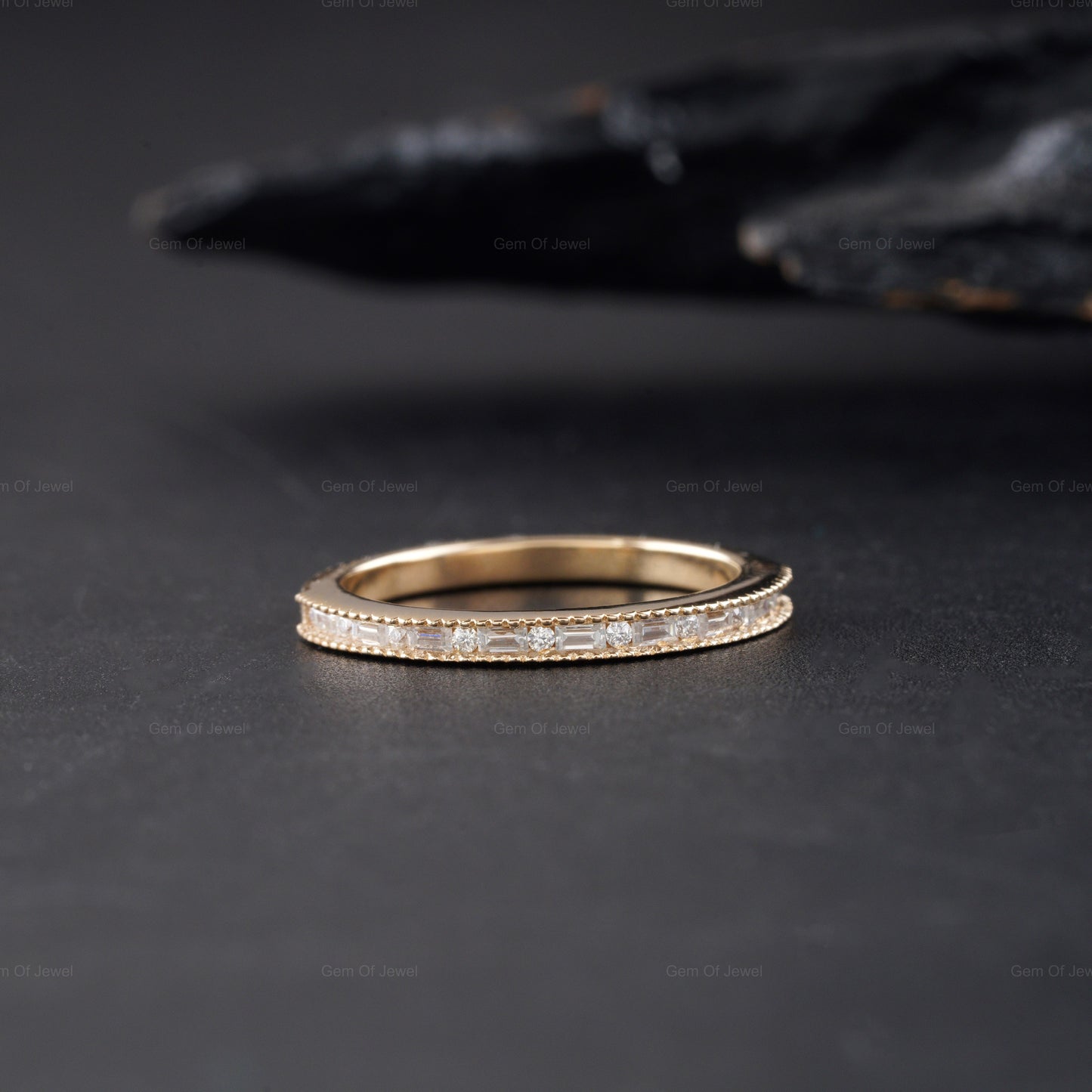 Round Cut Moissanite Milgrain Design Engagement Band, Gold Matching Anniversary Band, Round Diamond Wedding Band, Baguette Diamond band