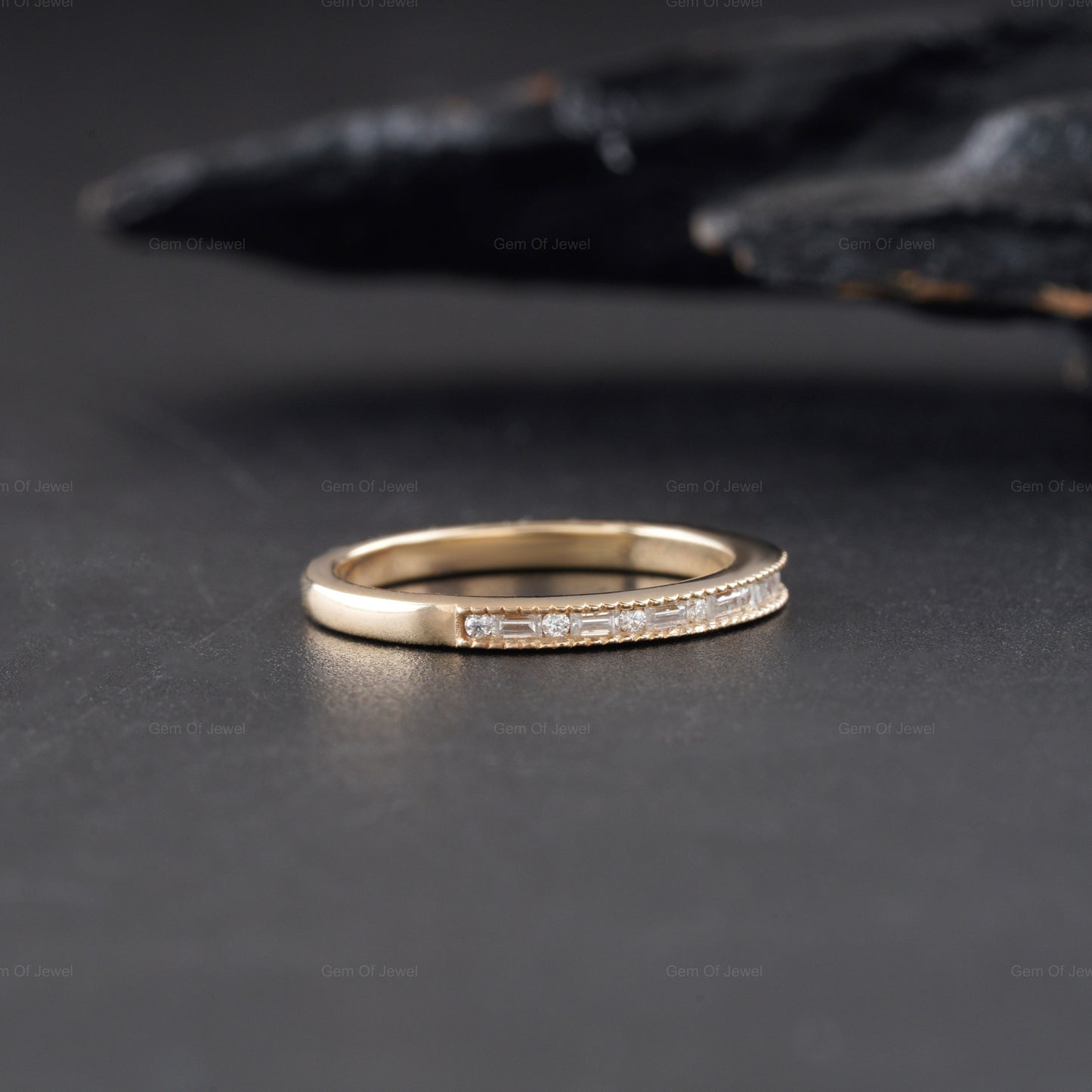 Round Cut Moissanite Milgrain Design Engagement Band, Gold Matching Anniversary Band, Round Diamond Wedding Band, Baguette Diamond band