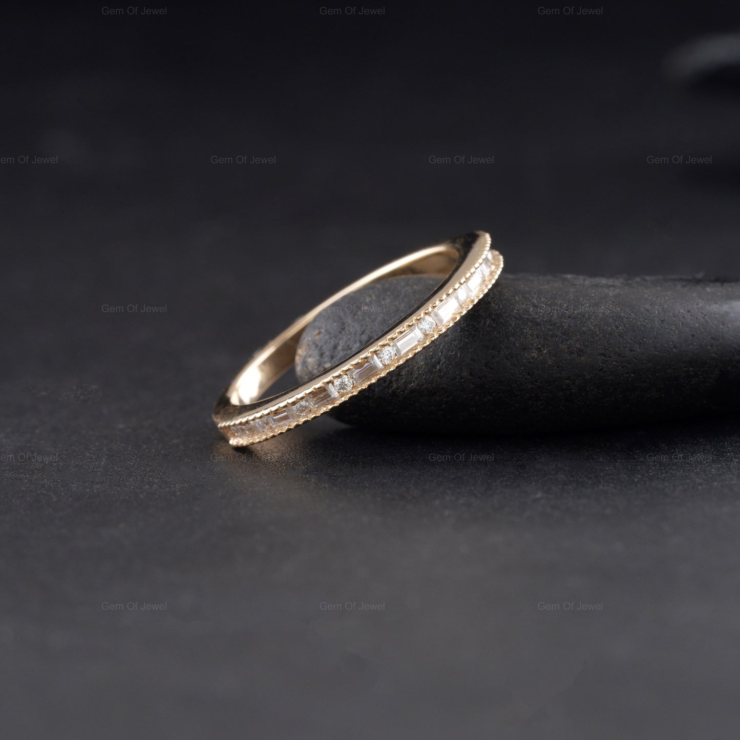Round Cut Moissanite Milgrain Design Engagement Band, Gold Matching Anniversary Band, Round Diamond Wedding Band, Baguette Diamond band