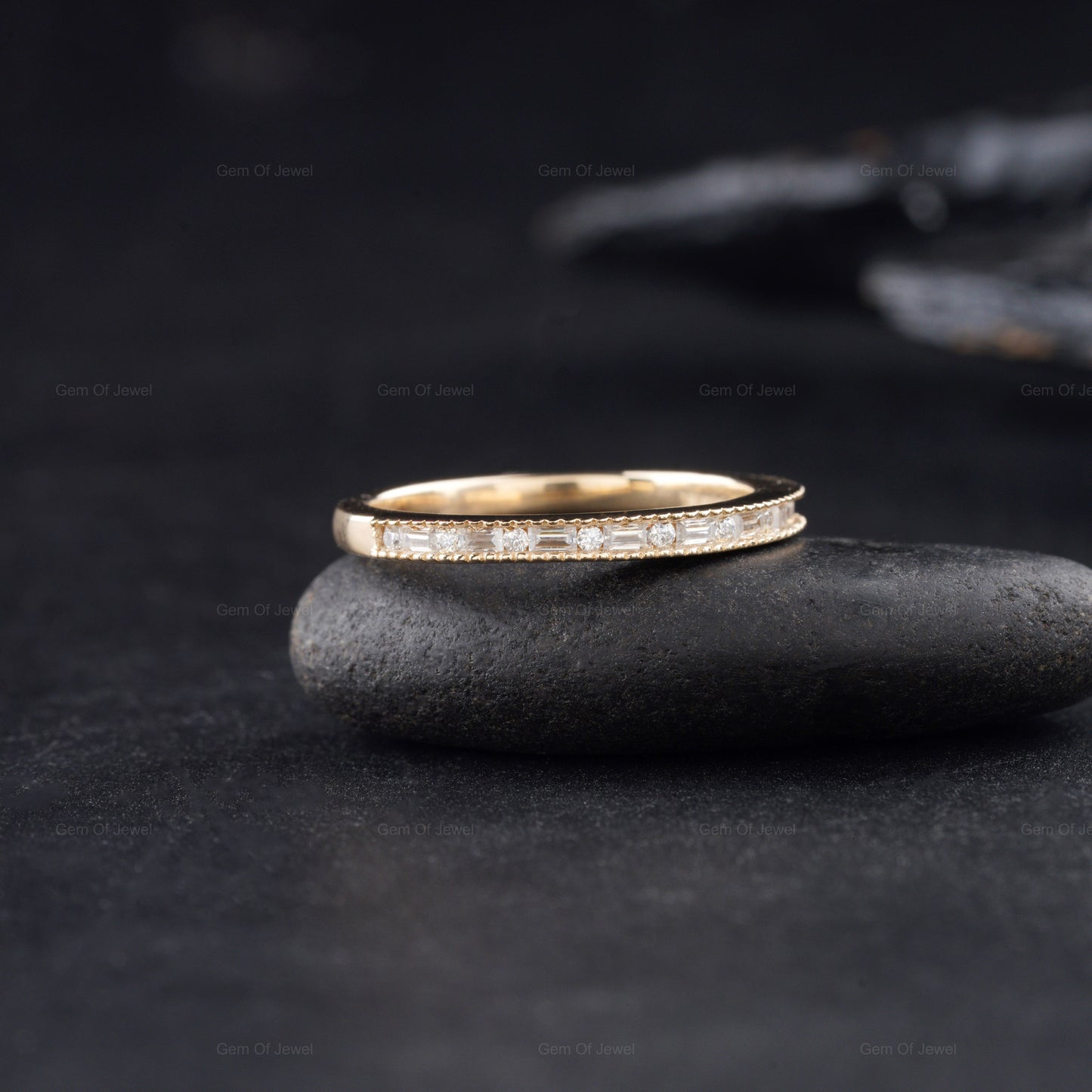 Round Cut Moissanite Milgrain Design Engagement Band, Gold Matching Anniversary Band, Round Diamond Wedding Band, Baguette Diamond band