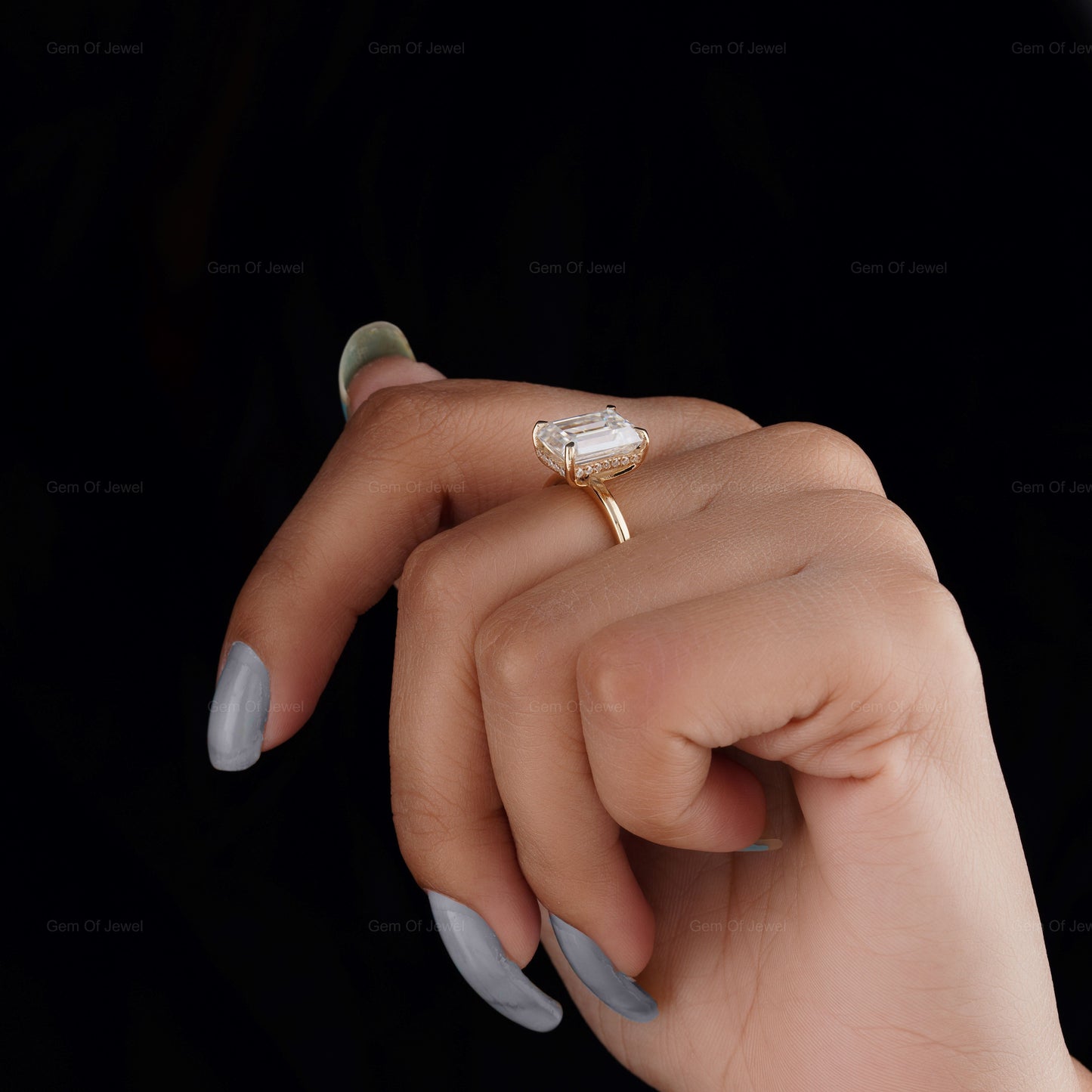 2.75 Carat Emerald Cut Moissanite Solitaire Ring, Round Cut Moissanite Hidden Halo Ring, 14K Yellow Gold Engagement Ring, Bridal Set Ring