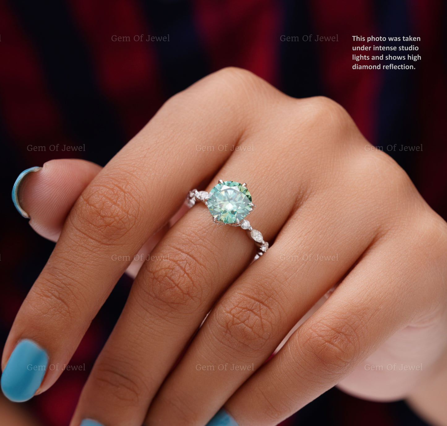 3CT Green Moissanite Diamond Ring With Floating Bubble Diamond Band Of Marquise And Round Band, Green Moissanite Diamond Round Ring For Her