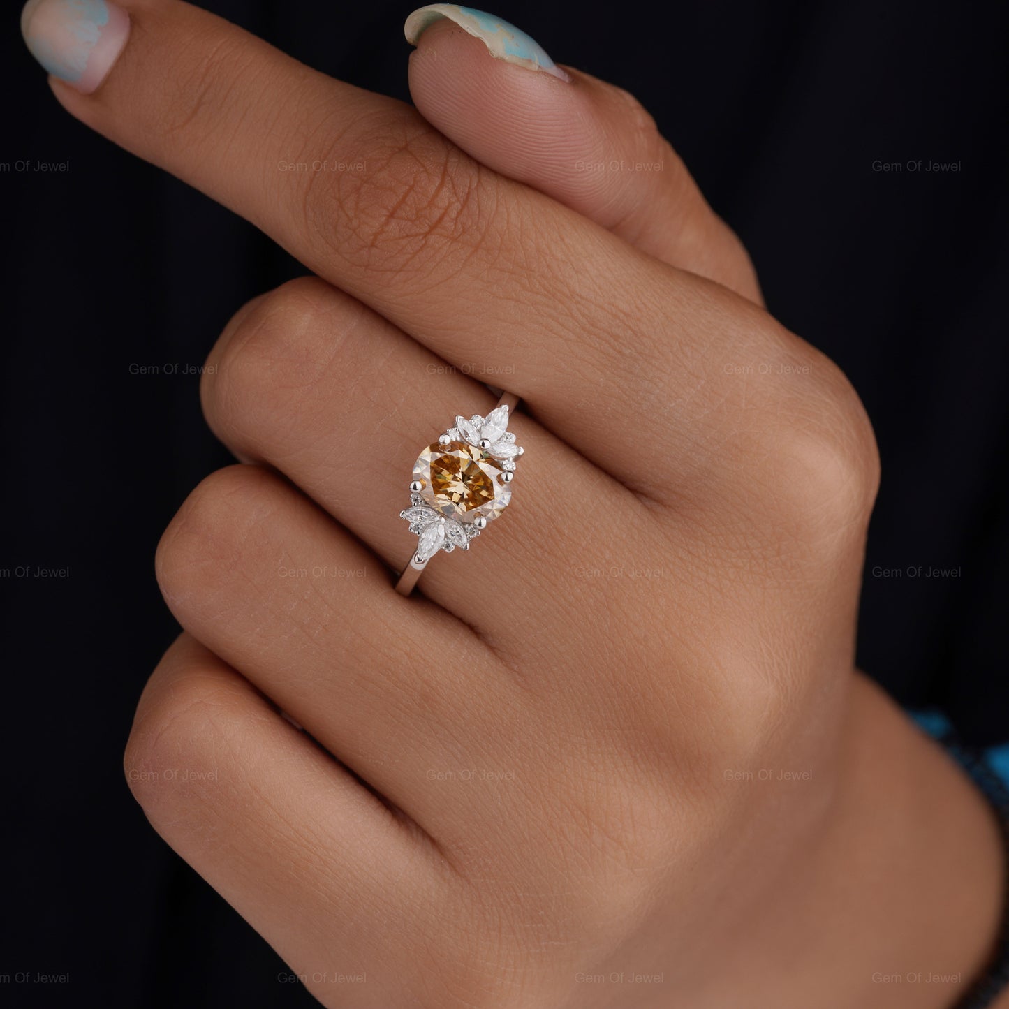 Champagne Moissanite Diamond Oval Ring, Oval Champagne Moissanite Cluster Ring, Oval Cut Brown Diamond Ring, Champagne Diamond Ring For Her