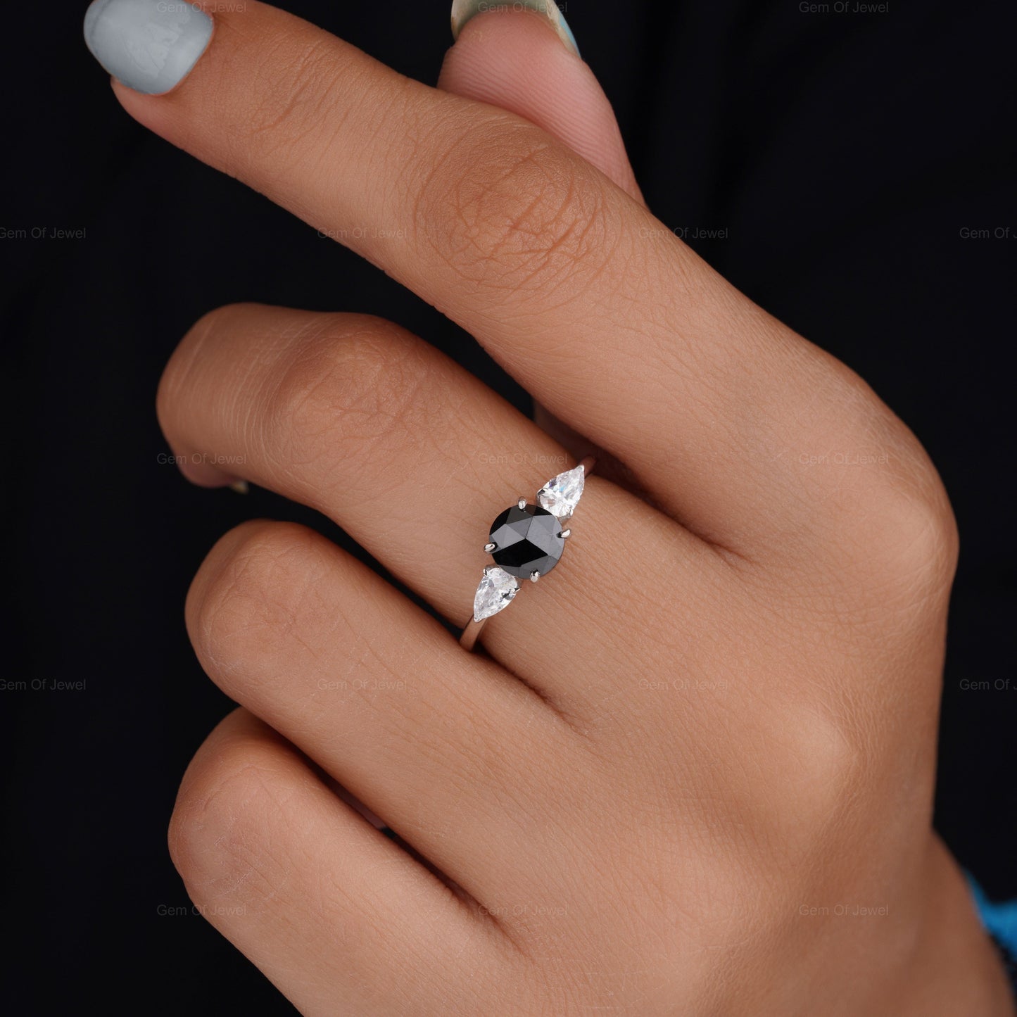Black Diamond Rose Cut Round Moissanite Ring, 1CT Black Moissanite With Side Pear Three Stone Ring, Black Moissanite Ring, Rose Cut Ring