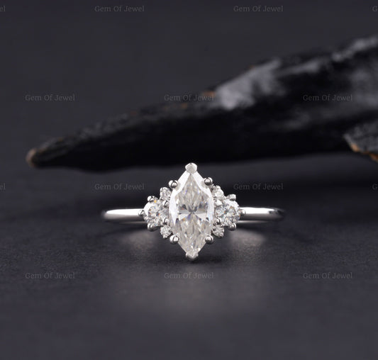 Marquise Diamond Moissanite Ring With Side Round Moissanite Diamond Ring, Marquise Cluster Diamond Ring, 1CT Marquise Moissanite Ring