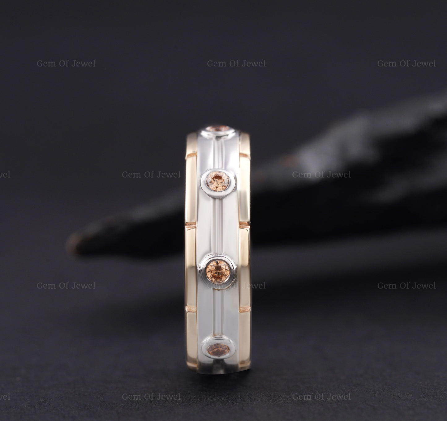 Brown Diamond Moissanite Two Tone Thick Band Ring For Him, Champagne Moissanite Gift For Him, Thick Band Brown Diamond Ring For Him