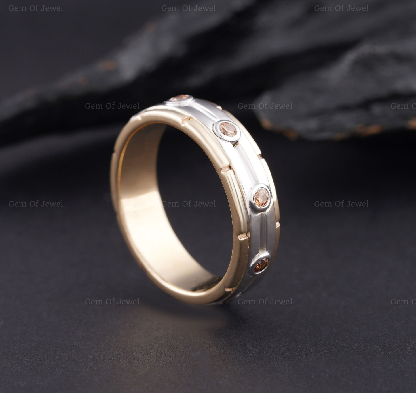 Brown Diamond Moissanite Two Tone Thick Band Ring For Him, Champagne Moissanite Gift For Him, Thick Band Brown Diamond Ring For Him