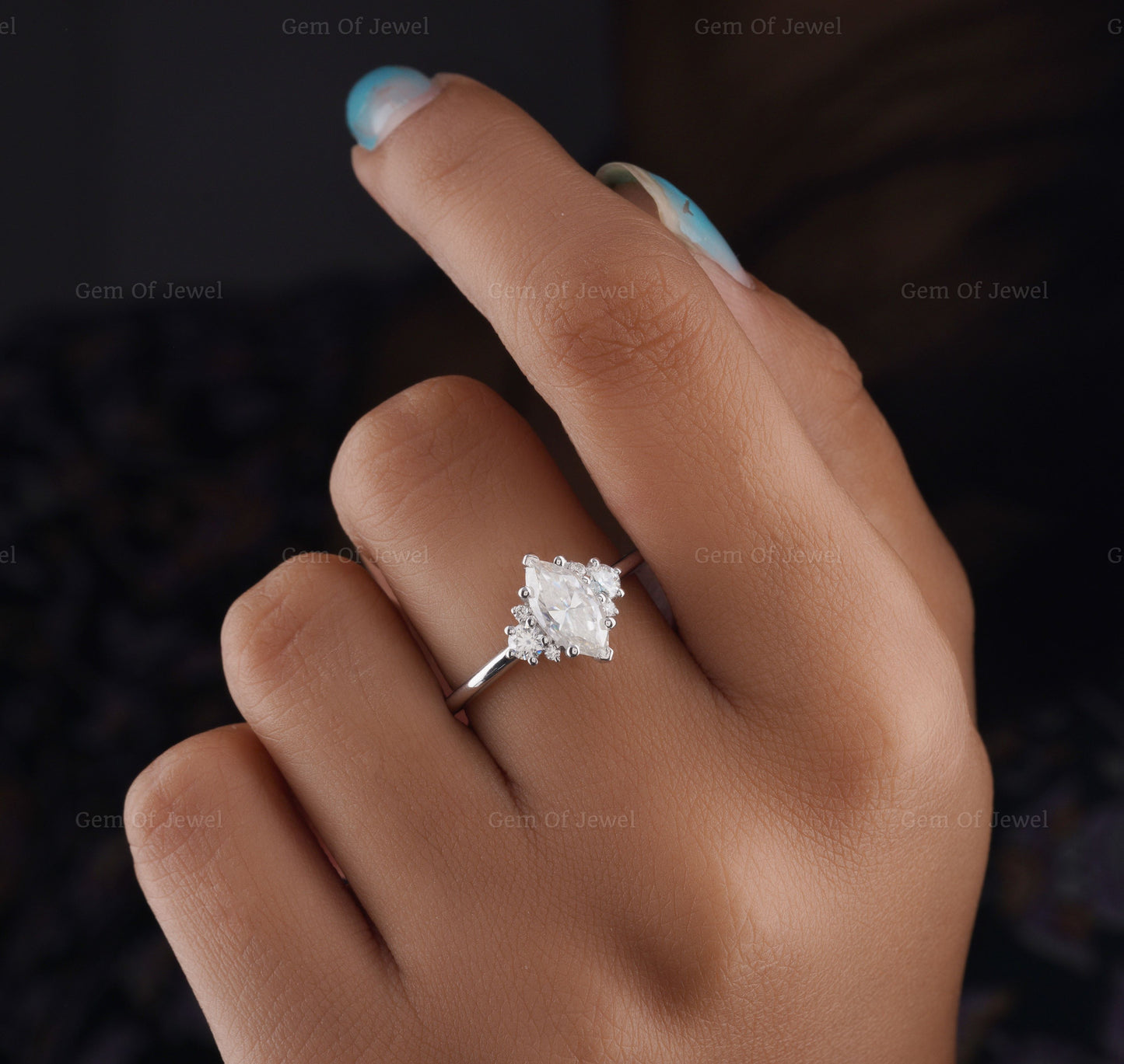 Marquise Diamond Moissanite Ring With Side Round Moissanite Diamond Ring, Marquise Cluster Diamond Ring, 1CT Marquise Moissanite Ring