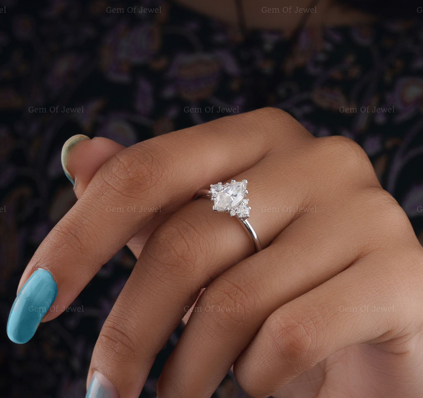 Marquise Diamond Moissanite Ring With Side Round Moissanite Diamond Ring, Marquise Cluster Diamond Ring, 1CT Marquise Moissanite Ring