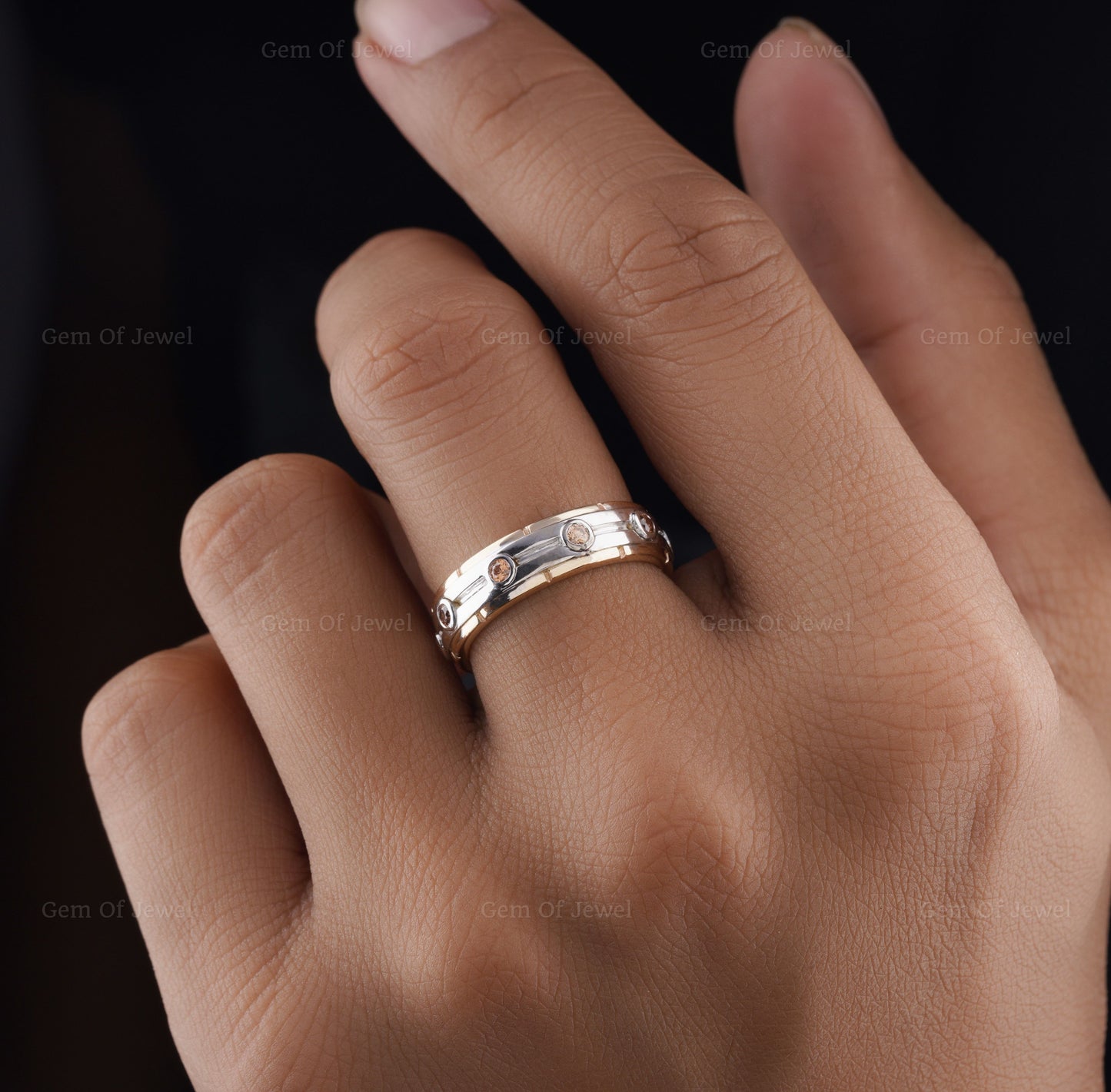 Brown Diamond Moissanite Two Tone Thick Band Ring For Him, Champagne Moissanite Gift For Him, Thick Band Brown Diamond Ring For Him
