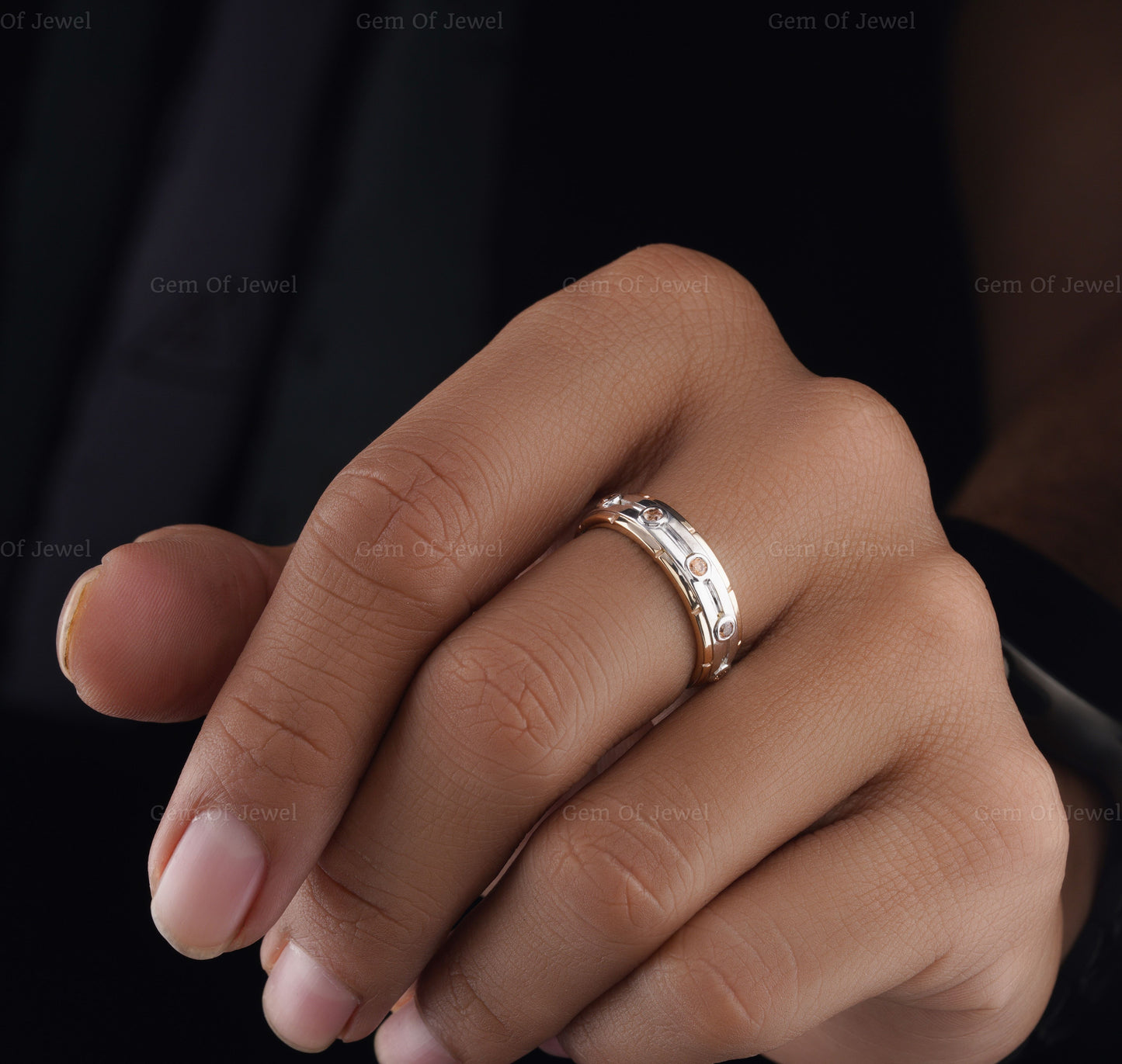 Brown Diamond Moissanite Two Tone Thick Band Ring For Him, Champagne Moissanite Gift For Him, Thick Band Brown Diamond Ring For Him