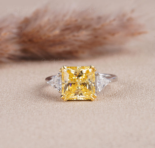 Square Radiant Cut Yellow Sapphire Diamond With Side Triangle Moissanite Diamond Three Stone Ring, Yellow Square Radiant 3 Stone Ring