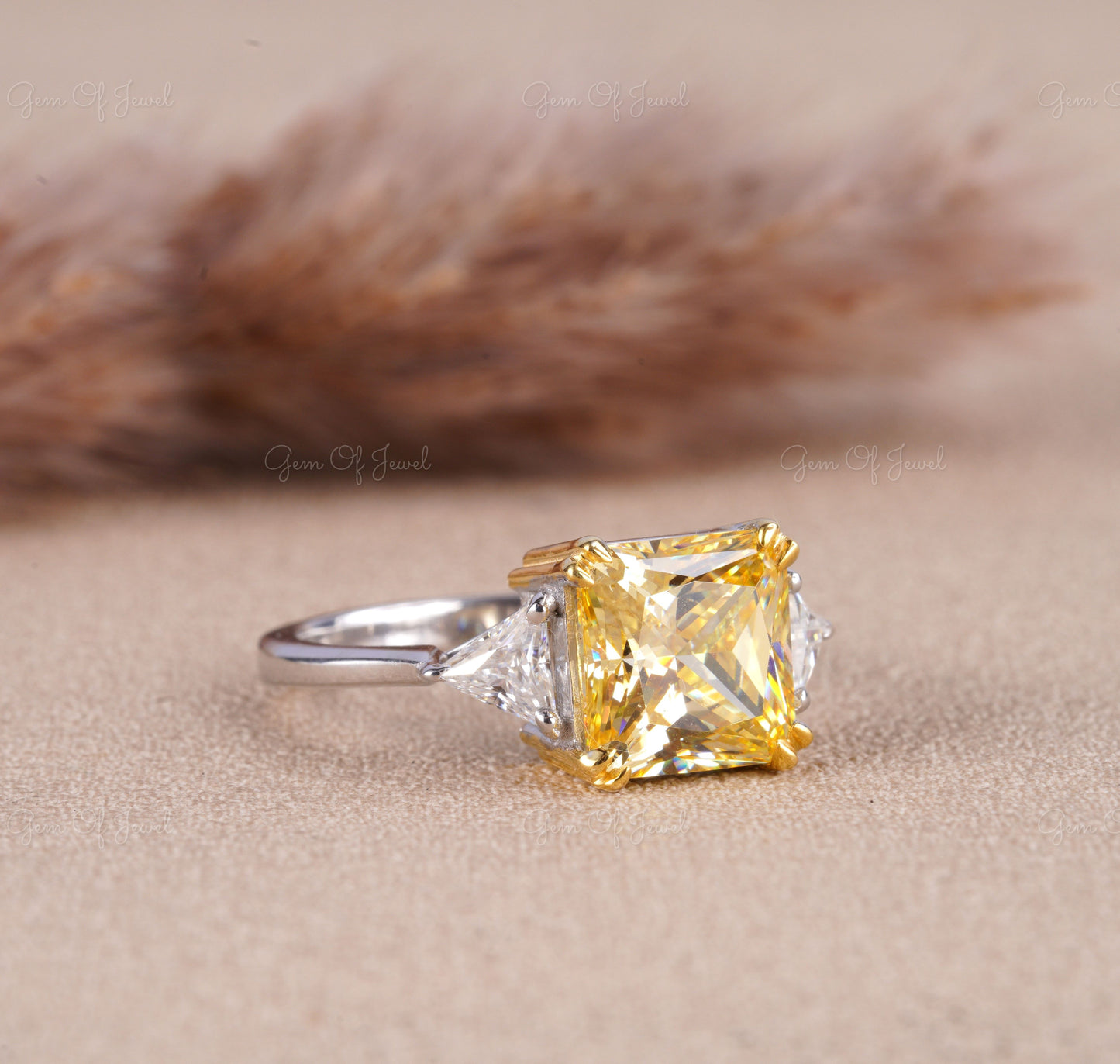 Square Radiant Cut Yellow Sapphire Diamond With Side Triangle Moissanite Diamond Three Stone Ring, Yellow Square Radiant 3 Stone Ring