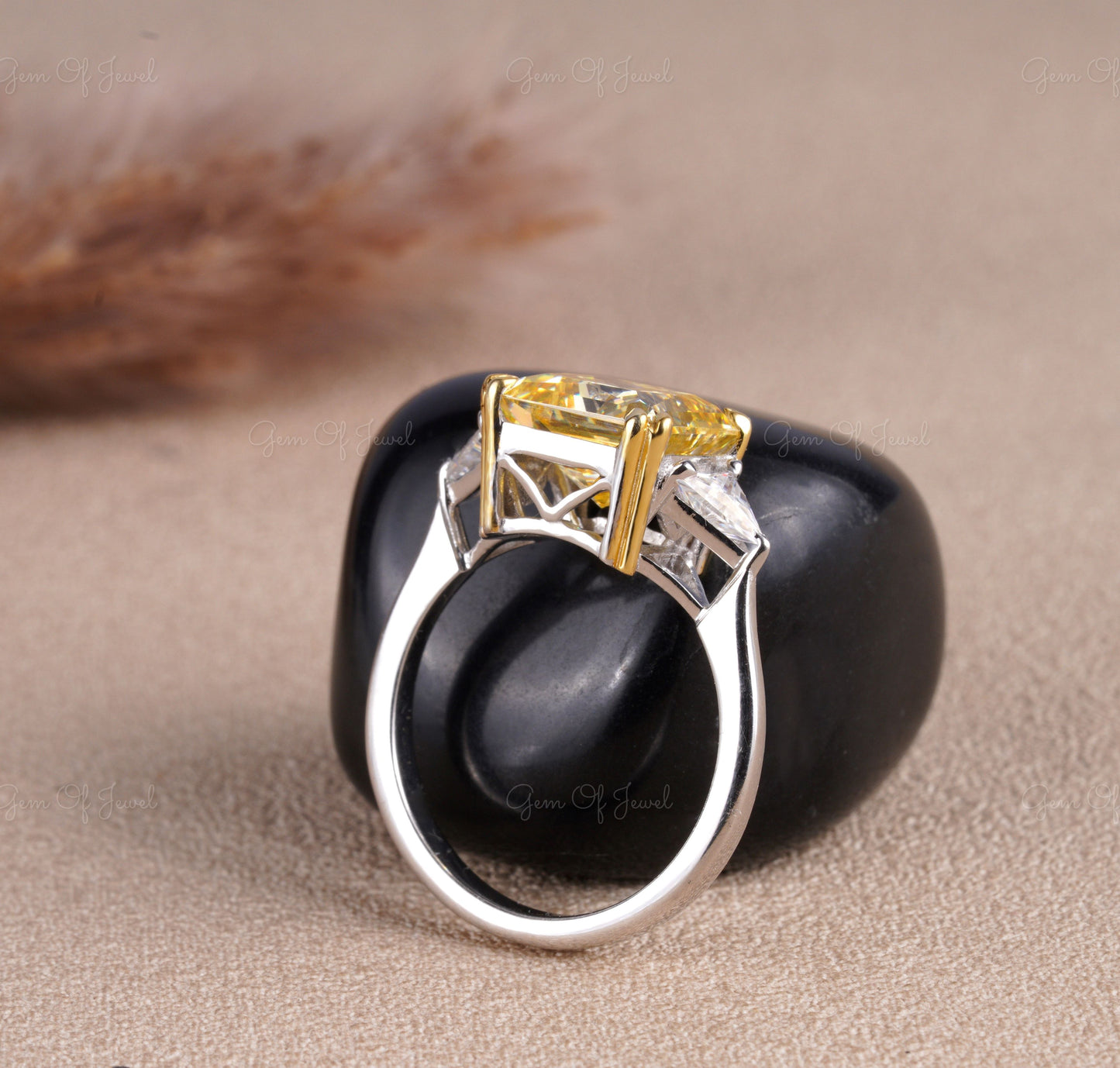 Square Radiant Cut Yellow Sapphire Diamond With Side Triangle Moissanite Diamond Three Stone Ring, Yellow Square Radiant 3 Stone Ring