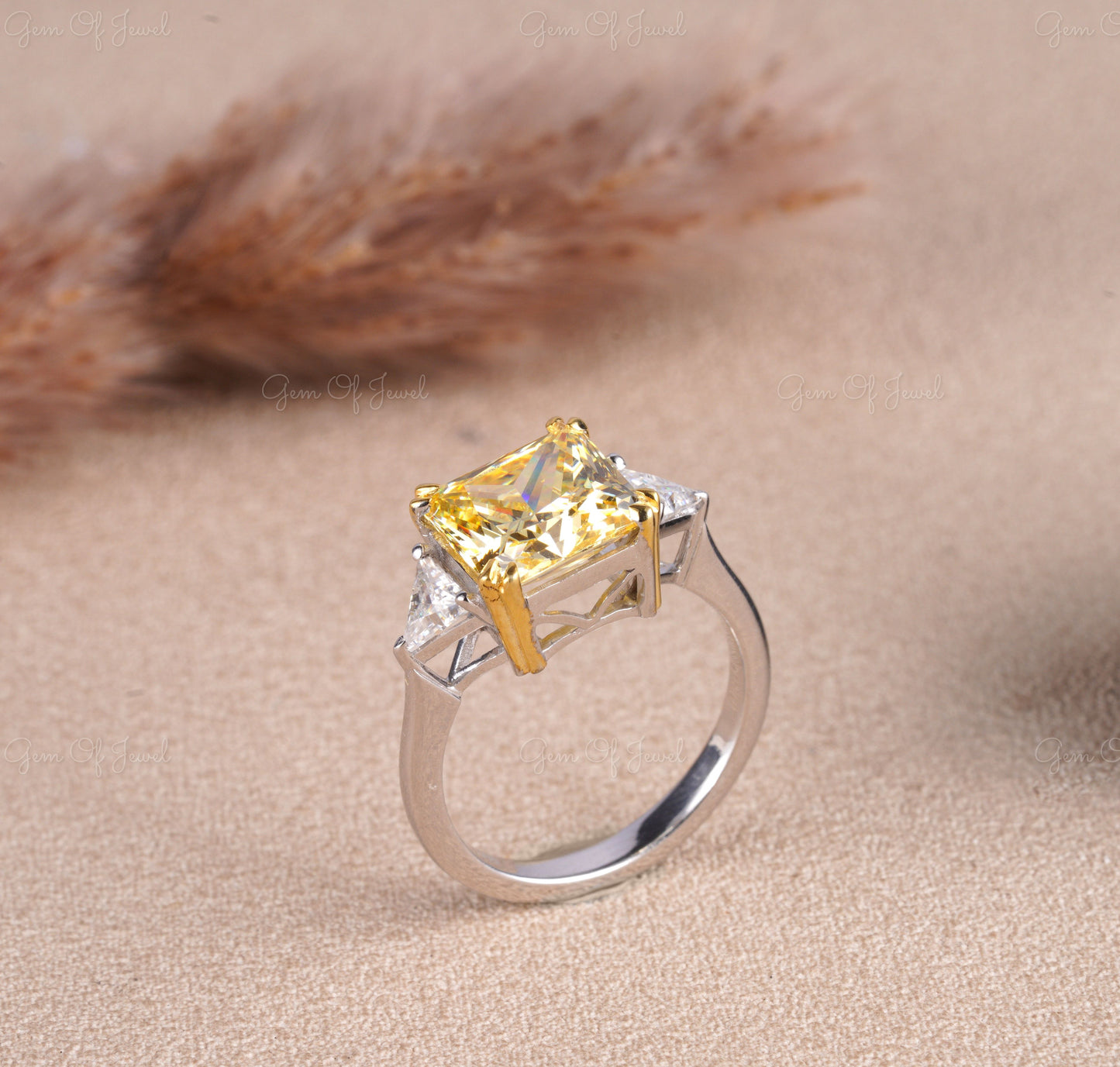 Square Radiant Cut Yellow Sapphire Diamond With Side Triangle Moissanite Diamond Three Stone Ring, Yellow Square Radiant 3 Stone Ring