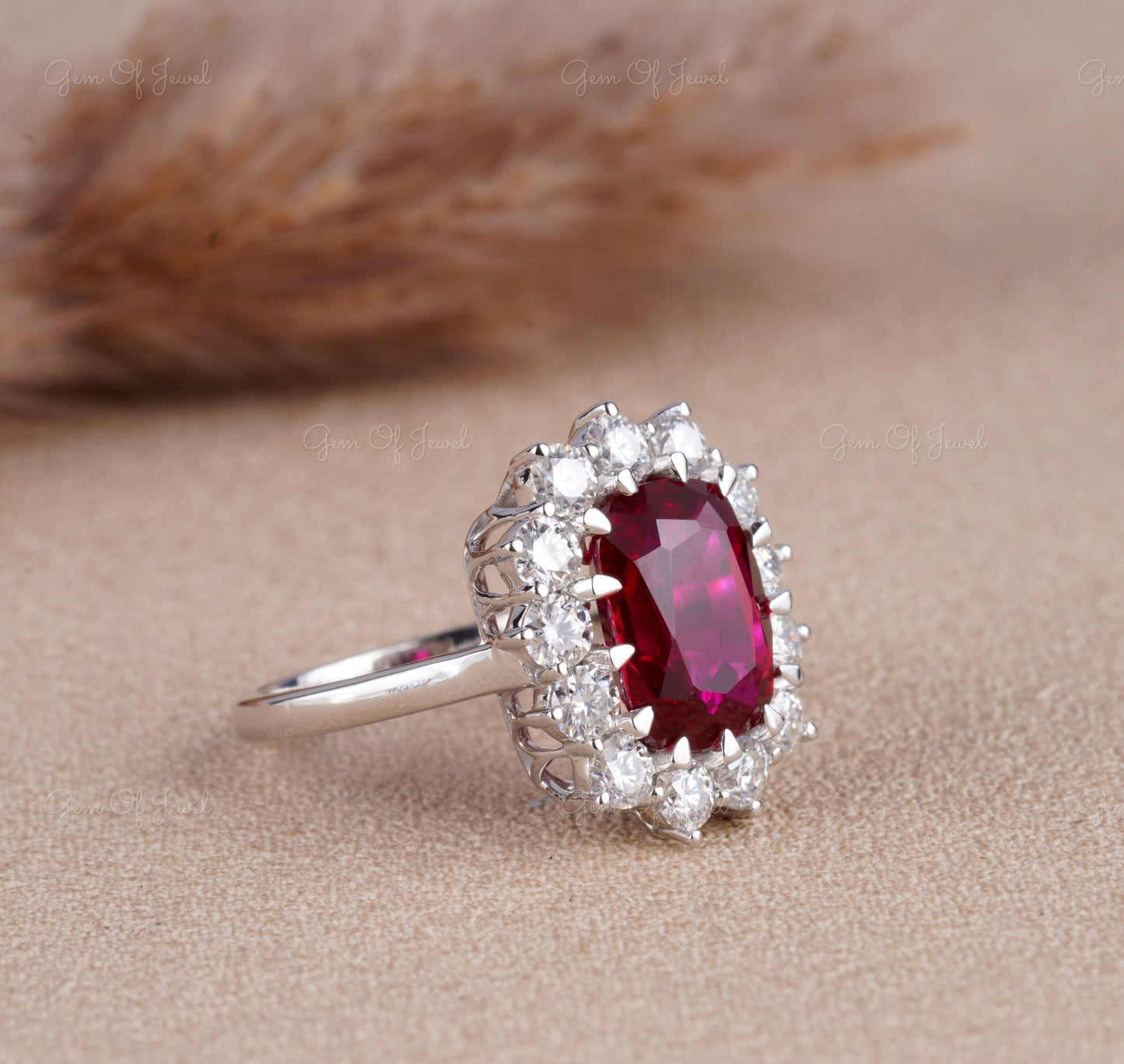 Red Ruby Cushion Elongated Ring, Ruby Stone Statement Ring For Her, Red Ruby Ring Cushion Diamond With Side Round Moissanite Diamond Ring