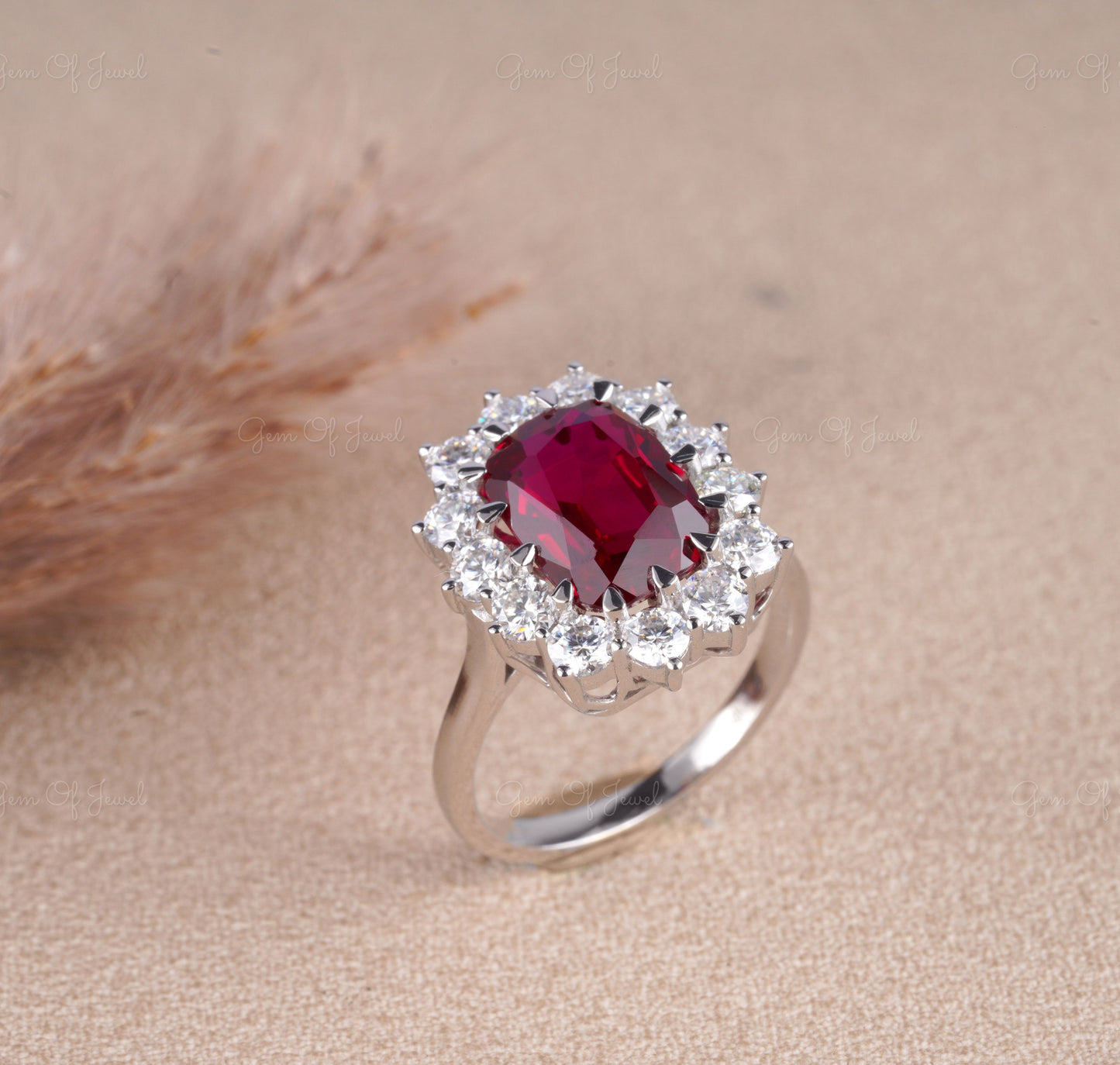 Red Ruby Cushion Elongated Ring, Ruby Stone Statement Ring For Her, Red Ruby Ring Cushion Diamond With Side Round Moissanite Diamond Ring