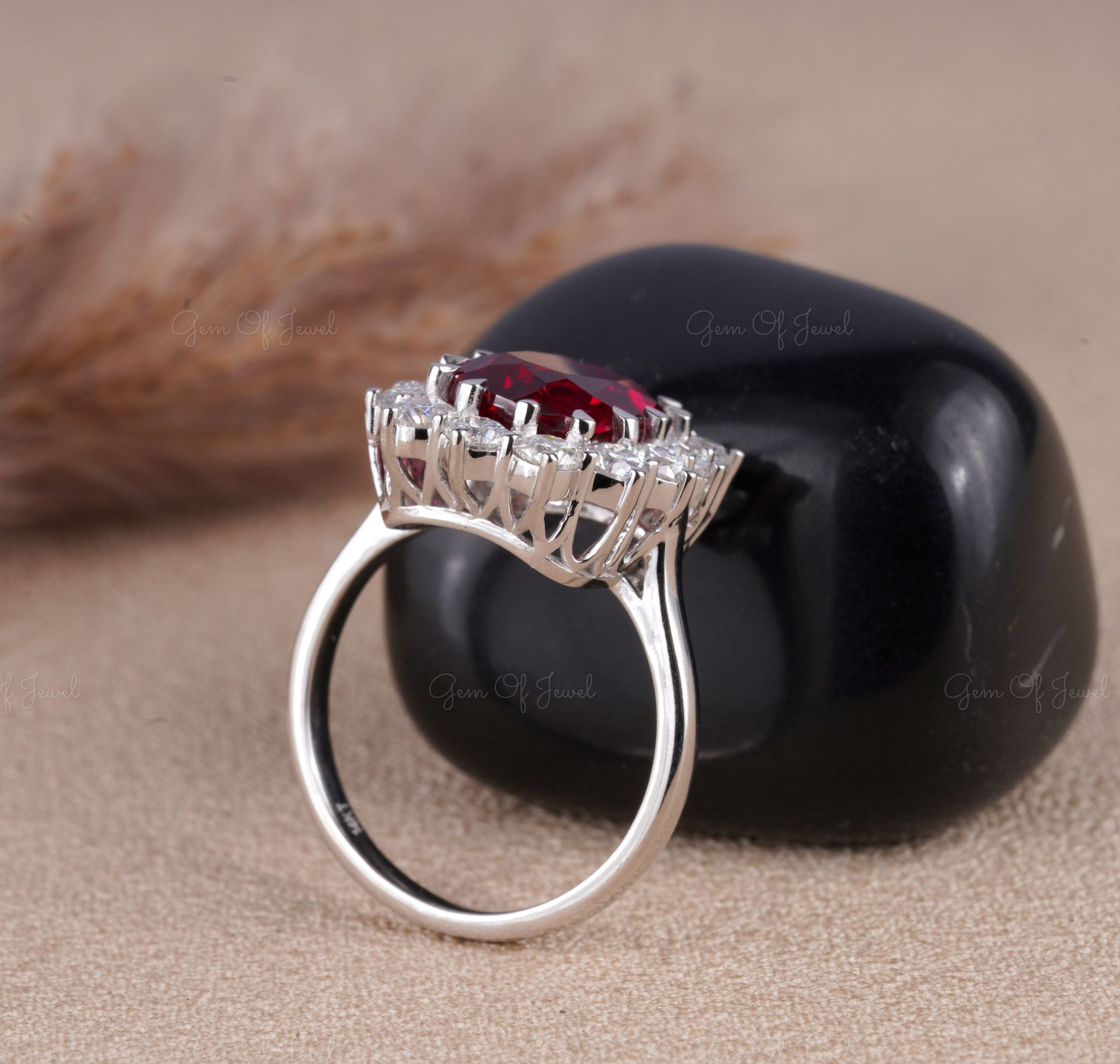Red Ruby Cushion Elongated Ring, Ruby Stone Statement Ring For Her, Red Ruby Ring Cushion Diamond With Side Round Moissanite Diamond Ring