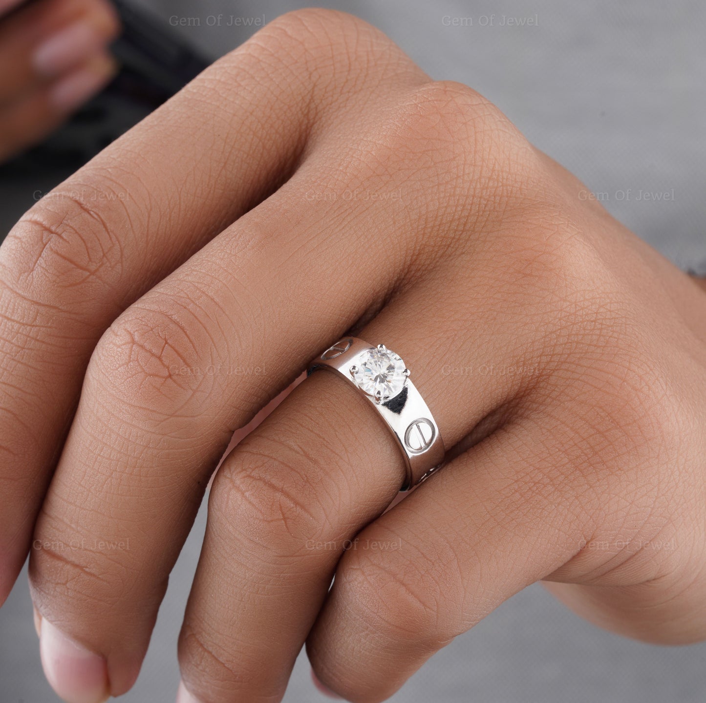 1CT Round Diamond Moissanite Thick Band Ring With Hit Design, 1CT Round Bezel Set Diamond Ring, 1Ct Solitaire Diamond Unisex Ring, 1CT Ring