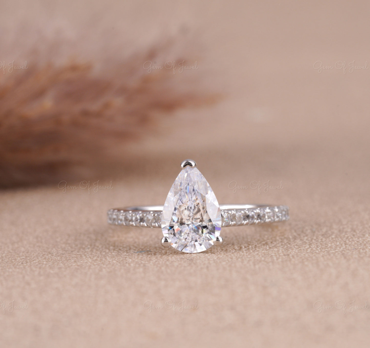 1.5CT Pear Moissanite Diamond Halo Ring, Pear Moissanite Cathedral Setting Ring For Her With Diamond On Prong, Pear Diamond Ring For Her