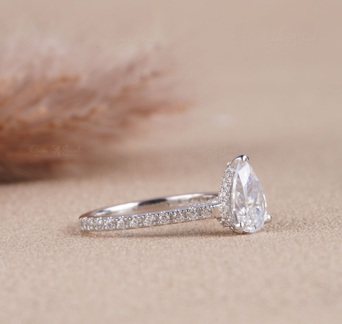 1.5CT Pear Moissanite Diamond Halo Ring, Pear Moissanite Cathedral Setting Ring For Her With Diamond On Prong, Pear Diamond Ring For Her