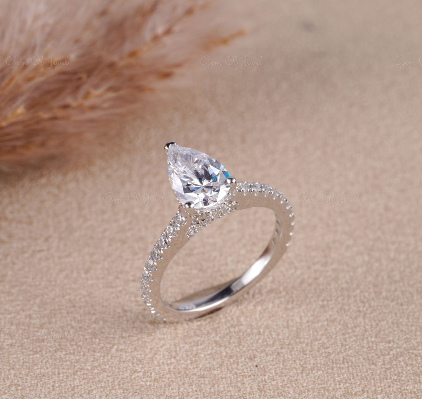 1.5CT Pear Moissanite Diamond Halo Ring, Pear Moissanite Cathedral Setting Ring For Her With Diamond On Prong, Pear Diamond Ring For Her