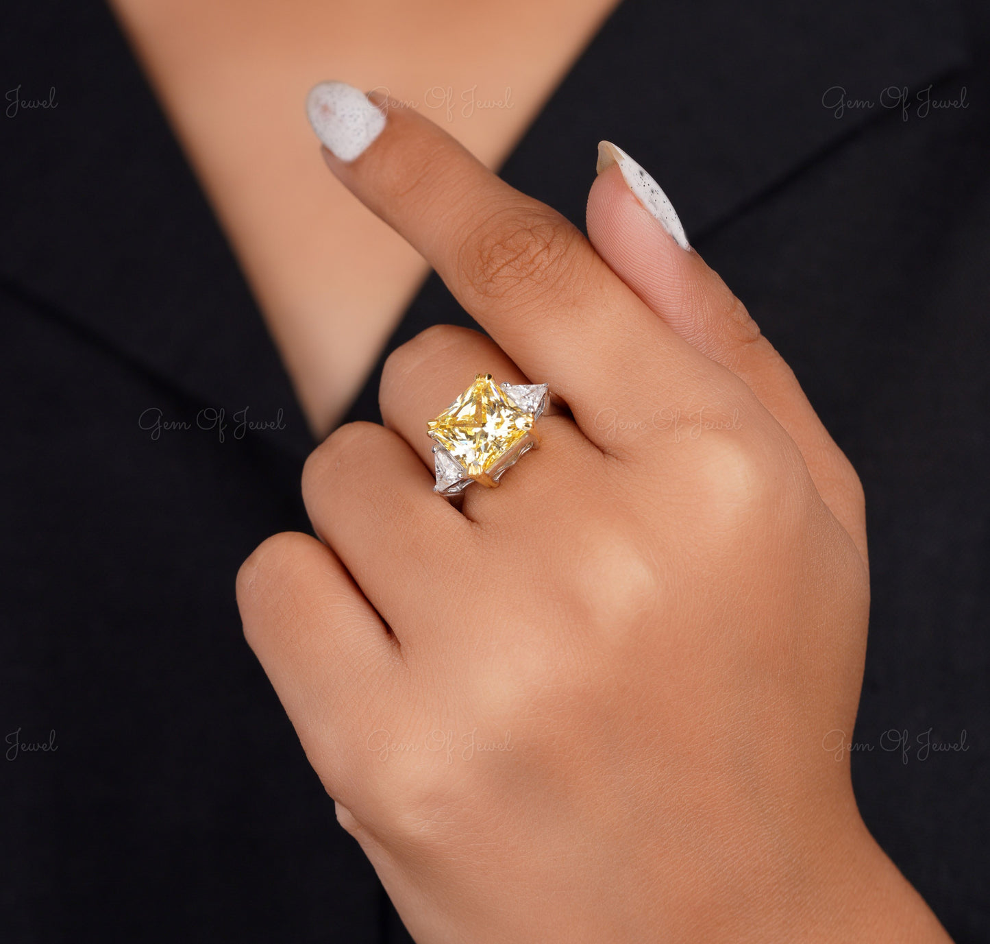 Square Radiant Cut Yellow Sapphire Diamond With Side Triangle Moissanite Diamond Three Stone Ring, Yellow Square Radiant 3 Stone Ring