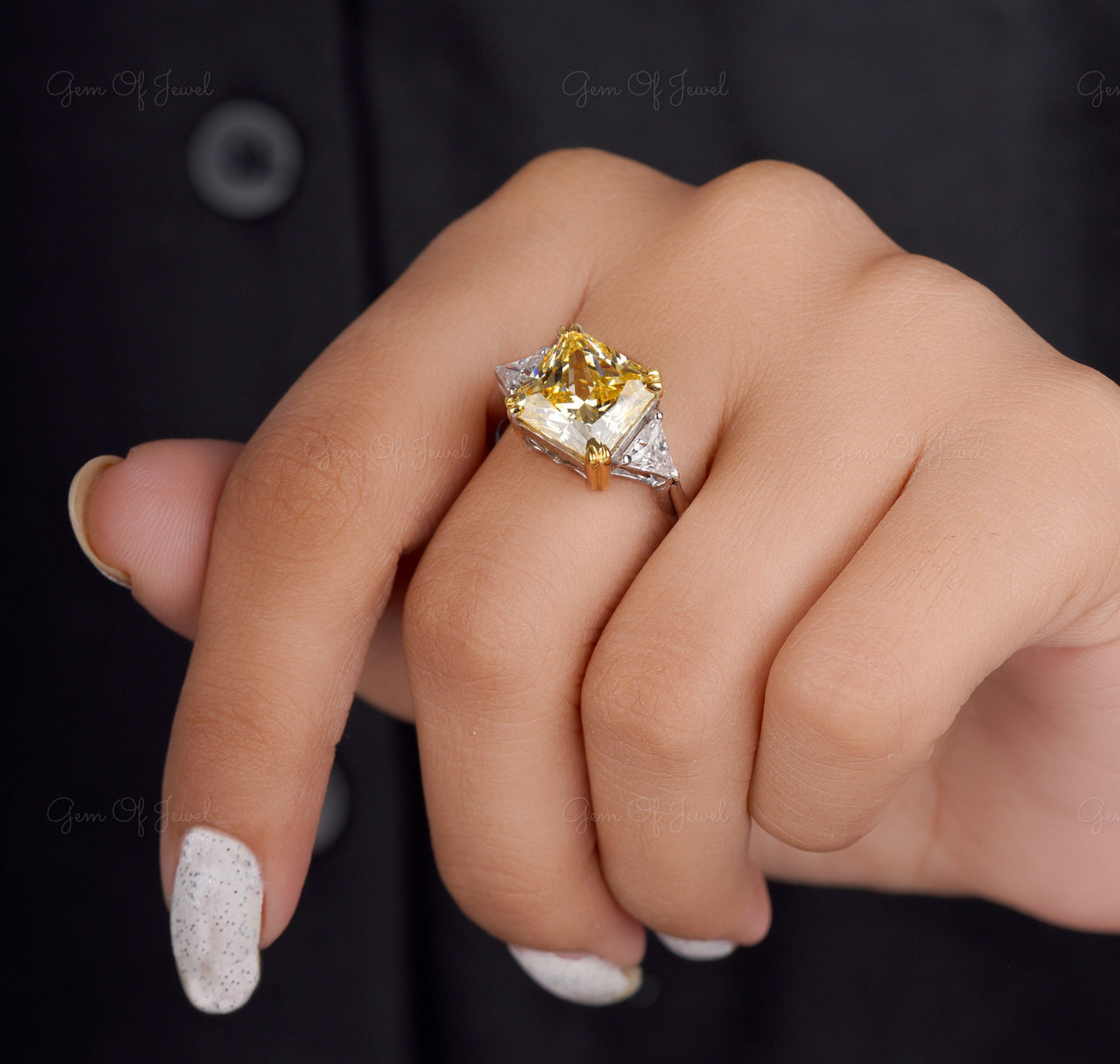 Square Radiant Cut Yellow Sapphire Diamond With Side Triangle Moissanite Diamond Three Stone Ring, Yellow Square Radiant 3 Stone Ring