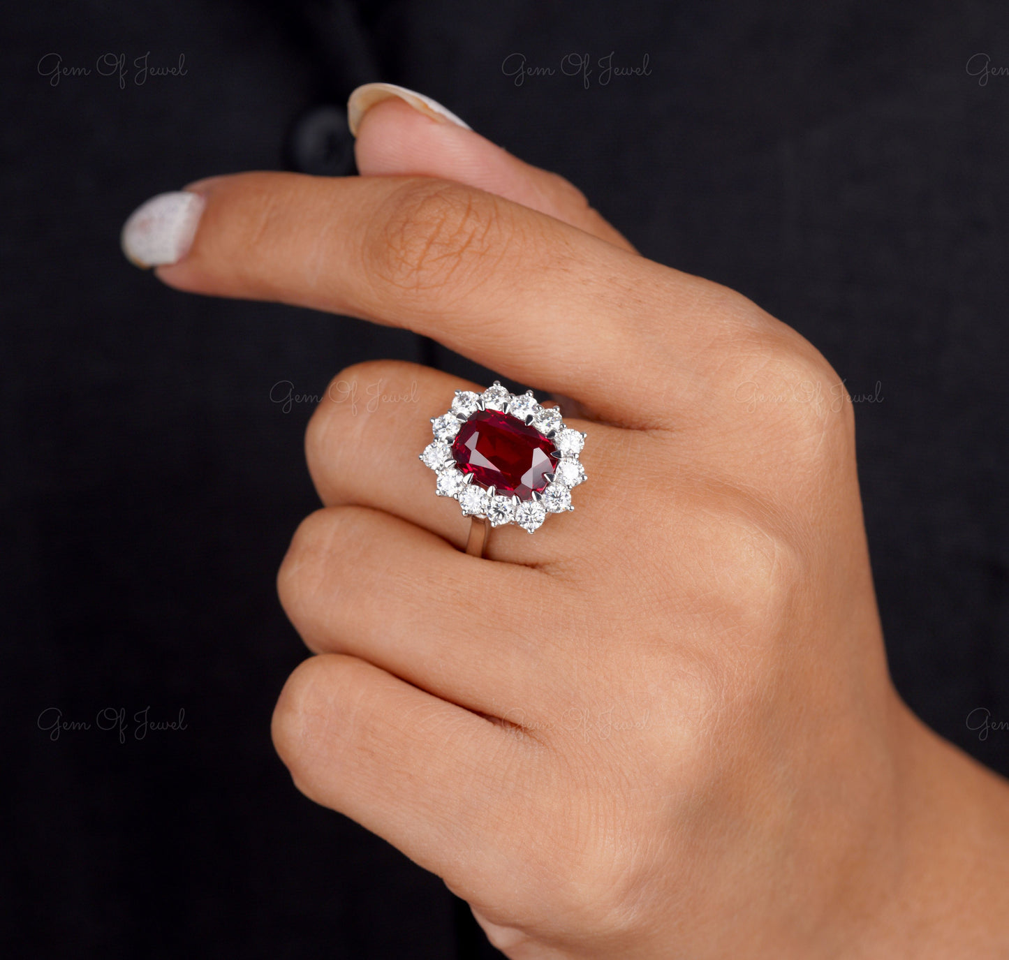 Red Ruby Cushion Elongated Ring, Ruby Stone Statement Ring For Her, Red Ruby Ring Cushion Diamond With Side Round Moissanite Diamond Ring