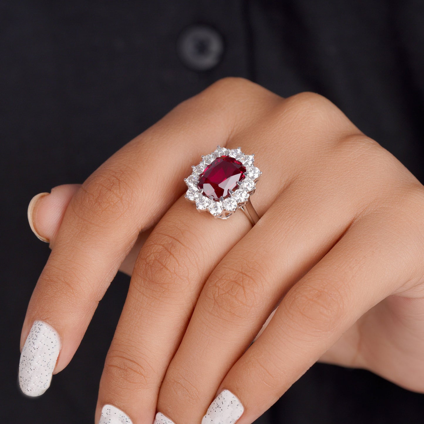 Red Ruby Cushion Elongated Ring, Ruby Stone Statement Ring For Her, Red Ruby Ring Cushion Diamond With Side Round Moissanite Diamond Ring