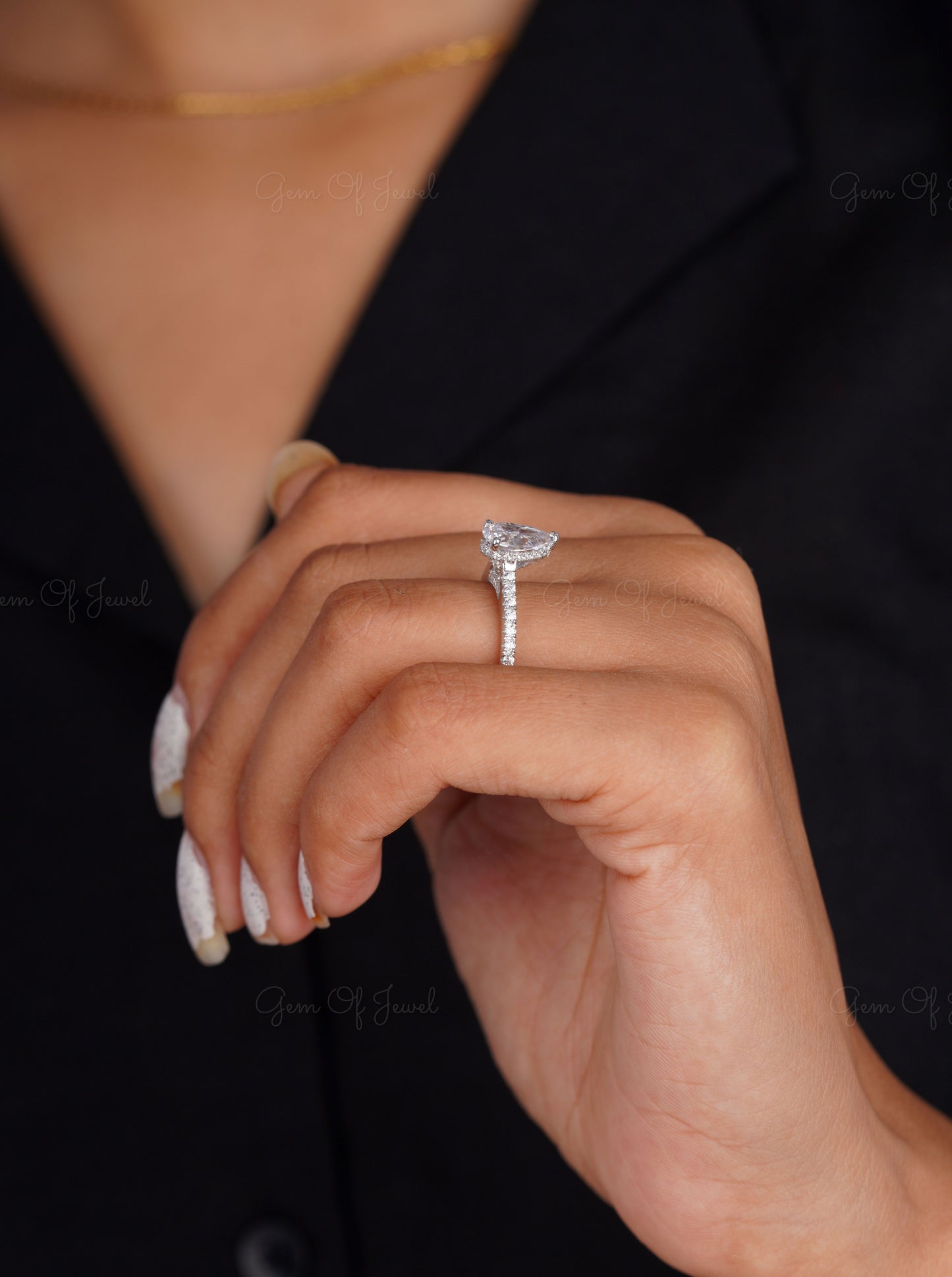 1.5CT Pear Moissanite Diamond Halo Ring, Pear Moissanite Cathedral Setting Ring For Her With Diamond On Prong, Pear Diamond Ring For Her