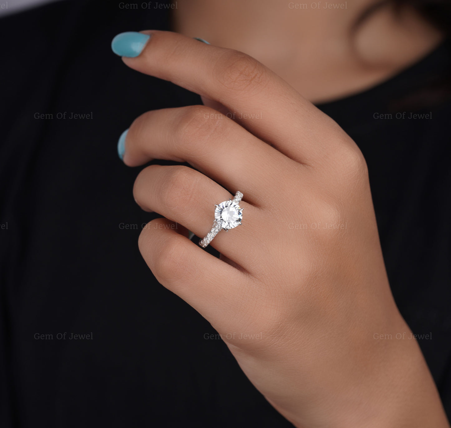 Round Diamond 2CT Moissanite Ring With Petal Prong Of Diamonds Ring With Pave Eternity And Diamonds On The Bridge Thick Band Diamond Ring