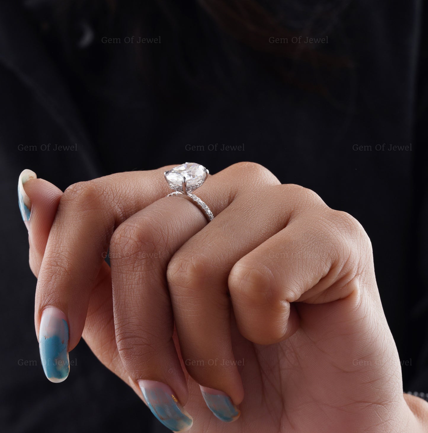 Oval Moissanite Elongated Diamond Engagement Ring With Side Round Moissanite Diamond And Hidden Halo Ring, Oval Cut Diamond Ring For Her