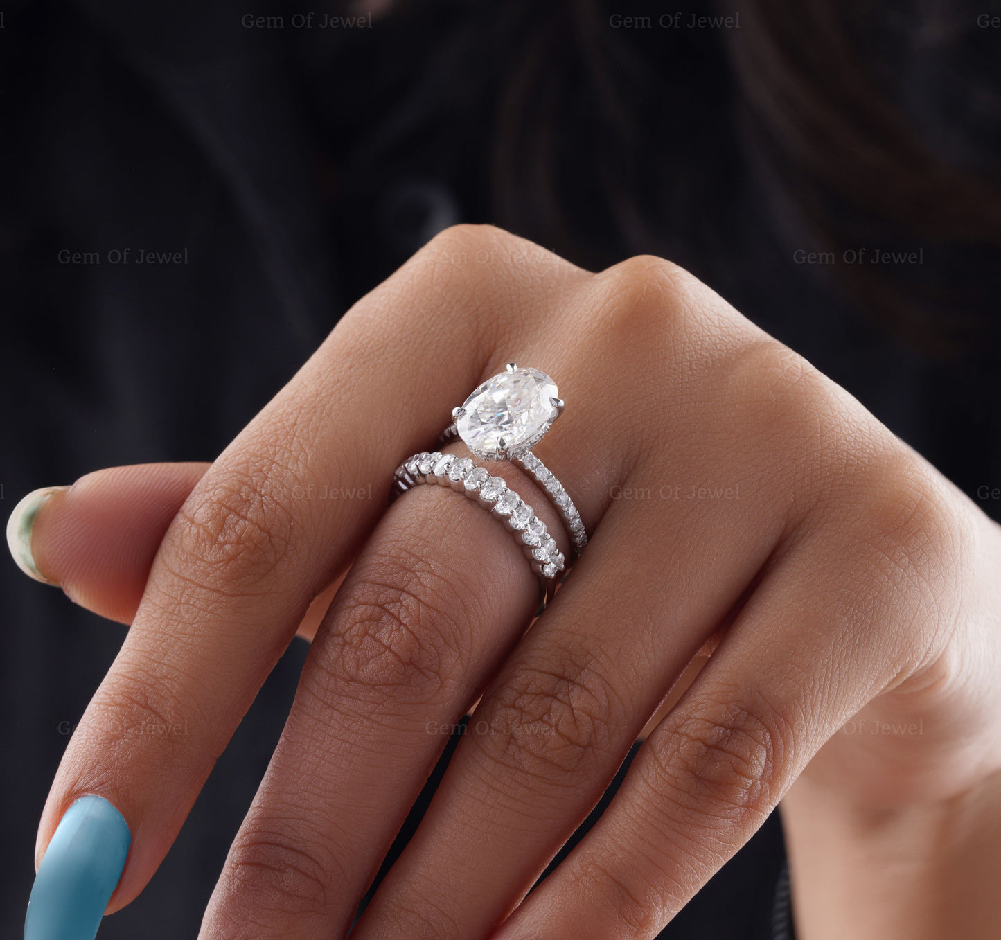 Oval Moissanite Diamond Ring With Hidden Halo And Matching Oval Moissanite Diamond Band, Ring And Band Set For Her, Oval Ring And Band Set