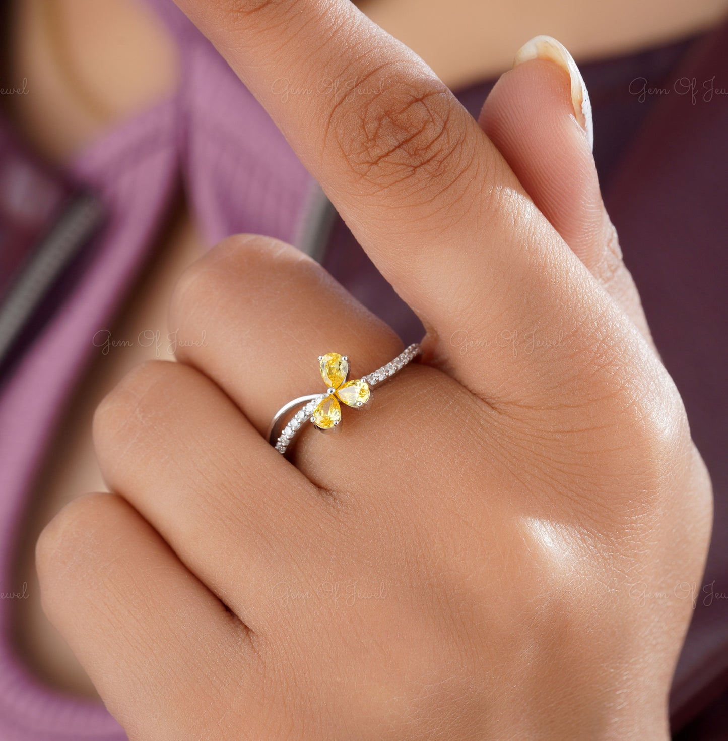 Flower Shape Pear Diamond Three Stone Yellow Sapphire Pear Cut Diamond Ring, Yellow Sapphire Diamond Ring, Crossover Band Pear Cut Ring