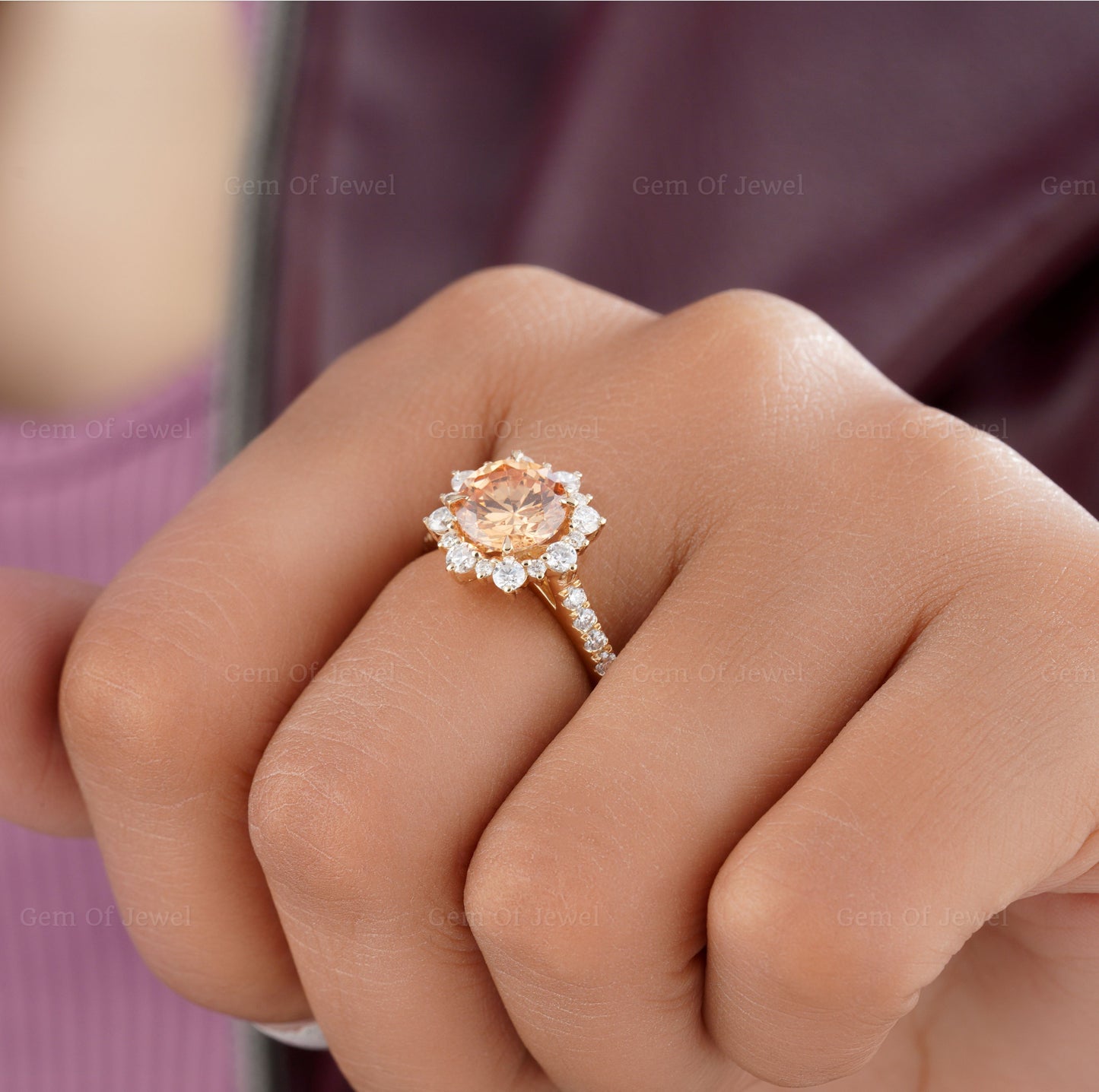 Round Morganite Flower Burst Design Engagement Ring, Morganite Diamond Ring, Flower Burst Diamond Ring, Morganite Diamond With Halo Ring