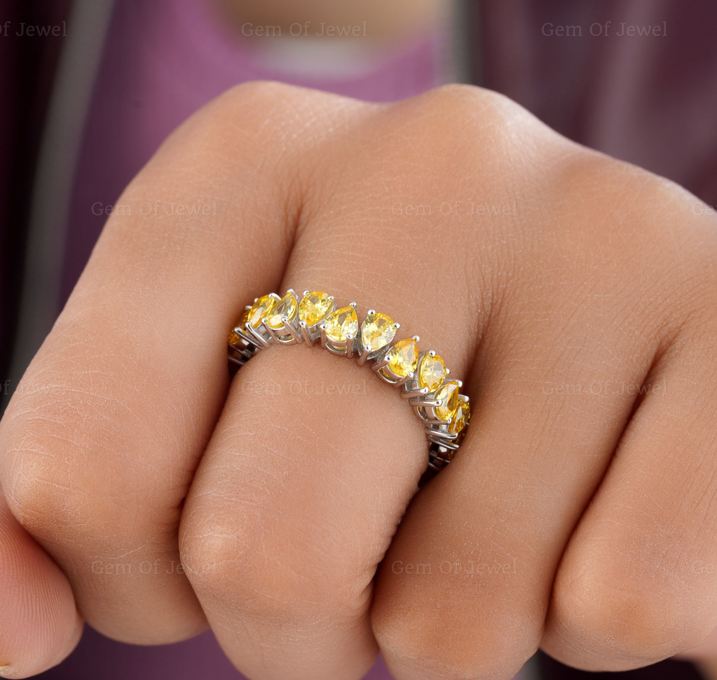 Pear Diamond Offset Ring Pear Wedding Band For Her, Yellow Sapphire Pear Diamond Ring For Her, Pear Diamond Ring, Yellow Pear Diamond Ring