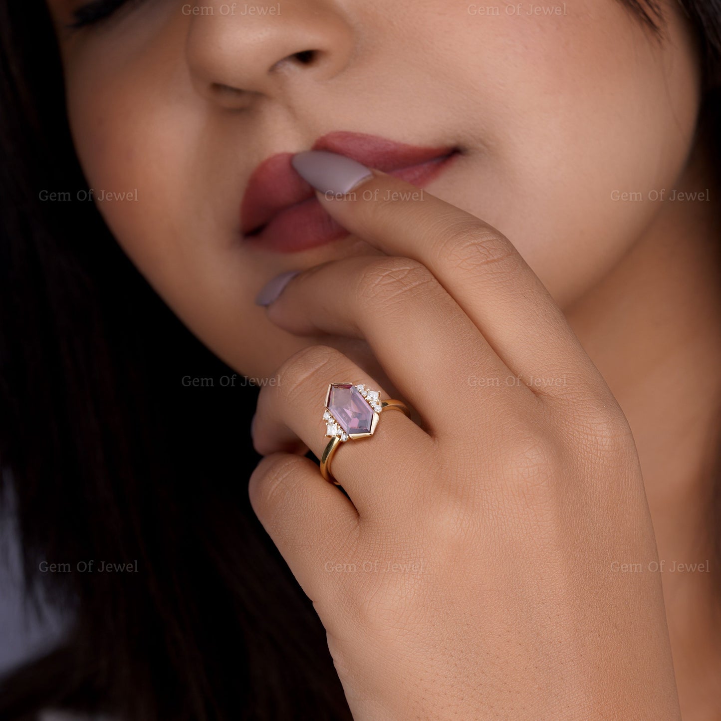 Dutch Marquise Cut Purple Sapphire Ring with Side Round Moissanite Ring, Hexagon Purple Diamond Gold Ring, Purple Diamond Ring For Her