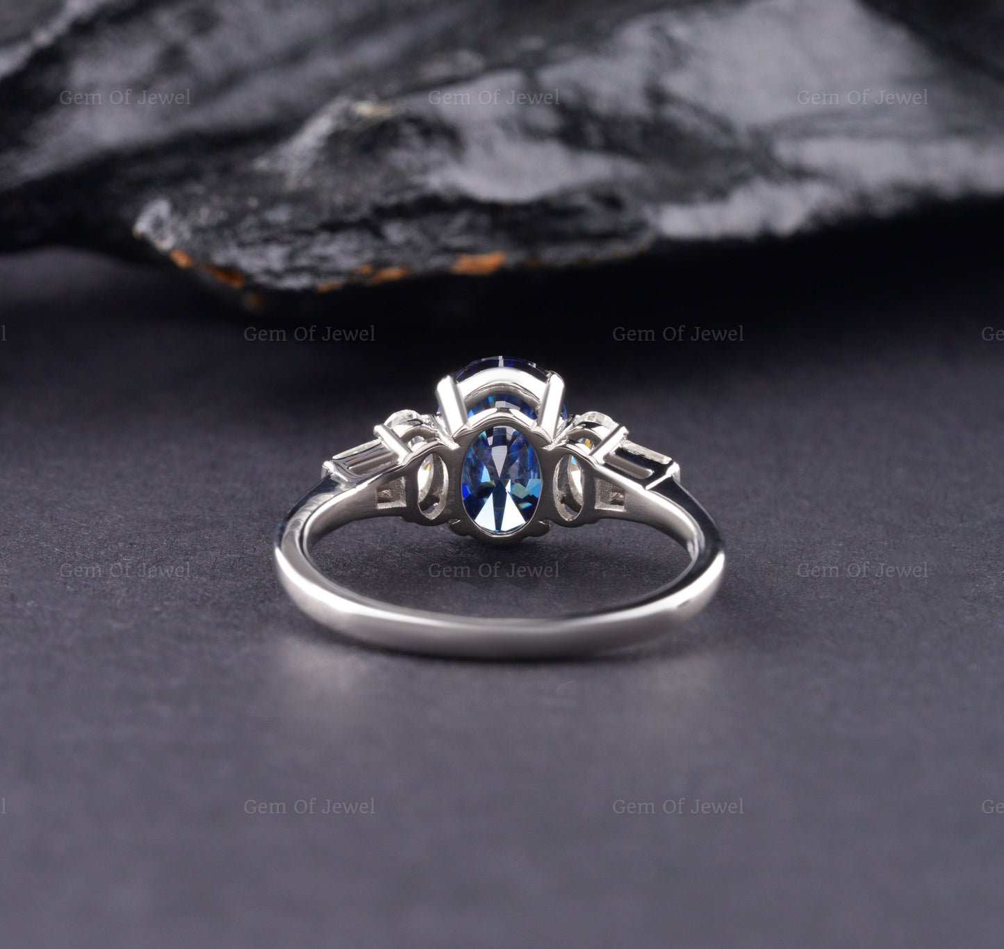Blue Oval Moissanite Diamond Ring, Blue Diamond Moissanite Oval Cut Ring With Side Tapered Baguette And Round Diamond Ring, Blue Oval Ring