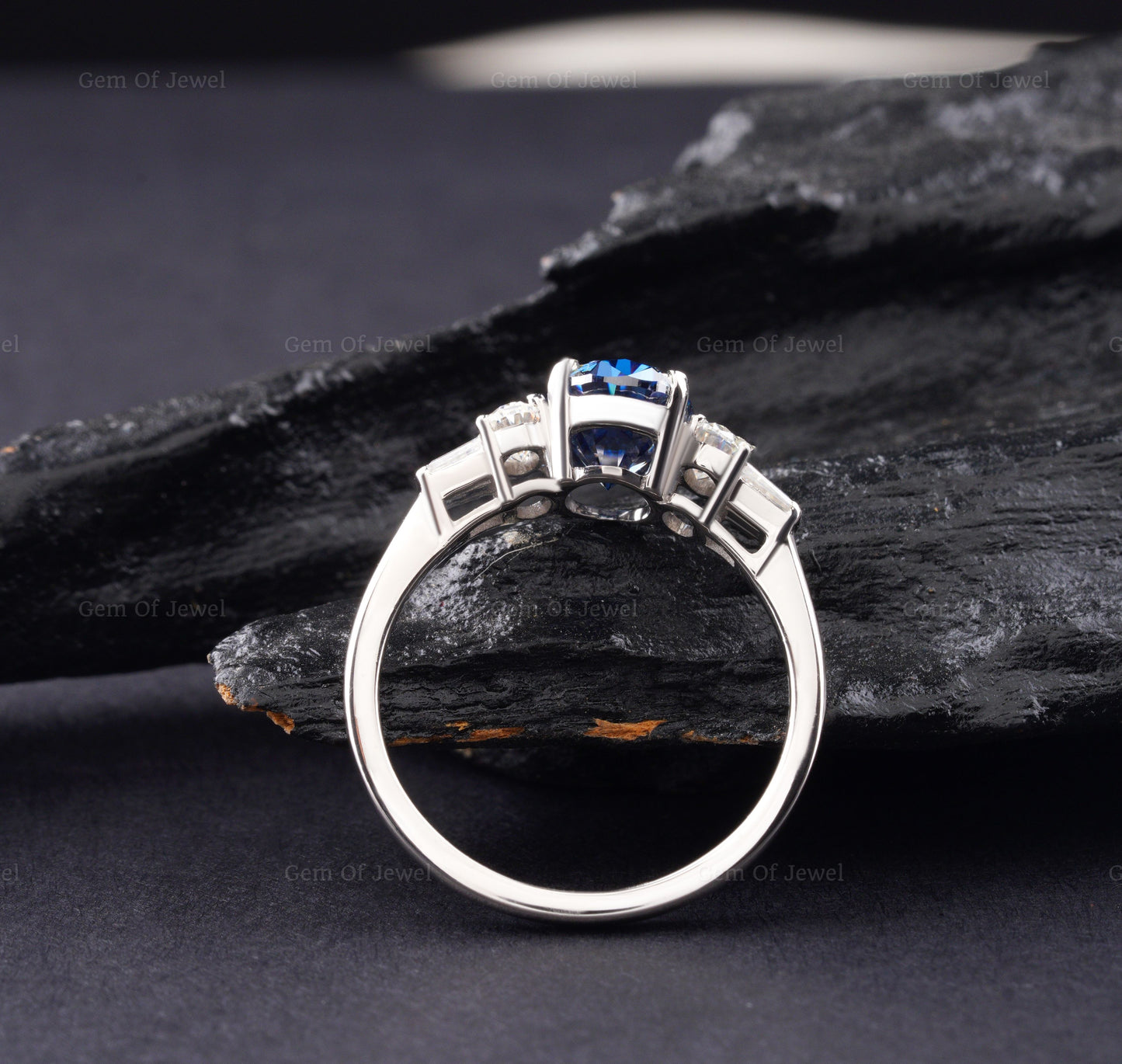 Blue Oval Moissanite Diamond Ring, Blue Diamond Moissanite Oval Cut Ring With Side Tapered Baguette And Round Diamond Ring, Blue Oval Ring
