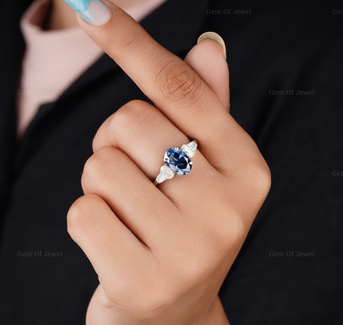 Blue Oval Moissanite Diamond Ring, Blue Diamond Moissanite Oval Cut Ring With Side Tapered Baguette And Round Diamond Ring, Blue Oval Ring