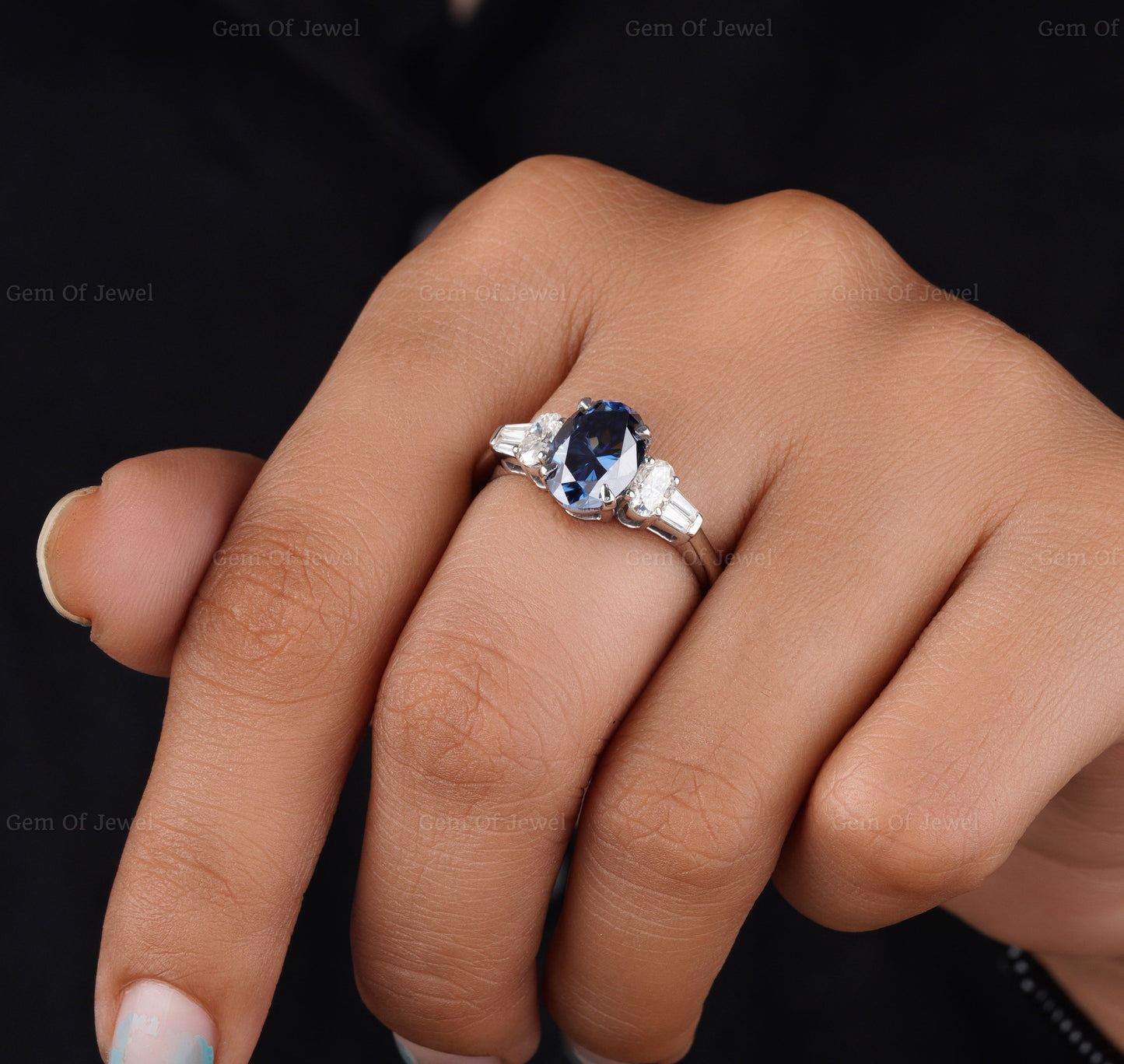 Blue Oval Moissanite Diamond Ring, Blue Diamond Moissanite Oval Cut Ring With Side Tapered Baguette And Round Diamond Ring, Blue Oval Ring