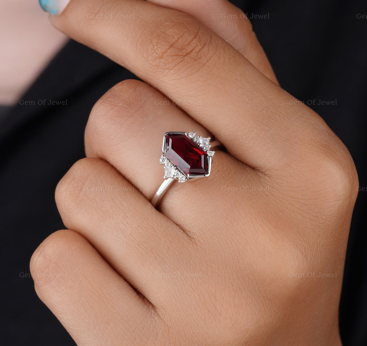 Dutch Marquise Cut Red Ruby Ring with Side Round Moissanite Ring, Hexagon Red Diamond Ring, Ruby Ring For Her, Red Ruby Stone Hexagon Ring