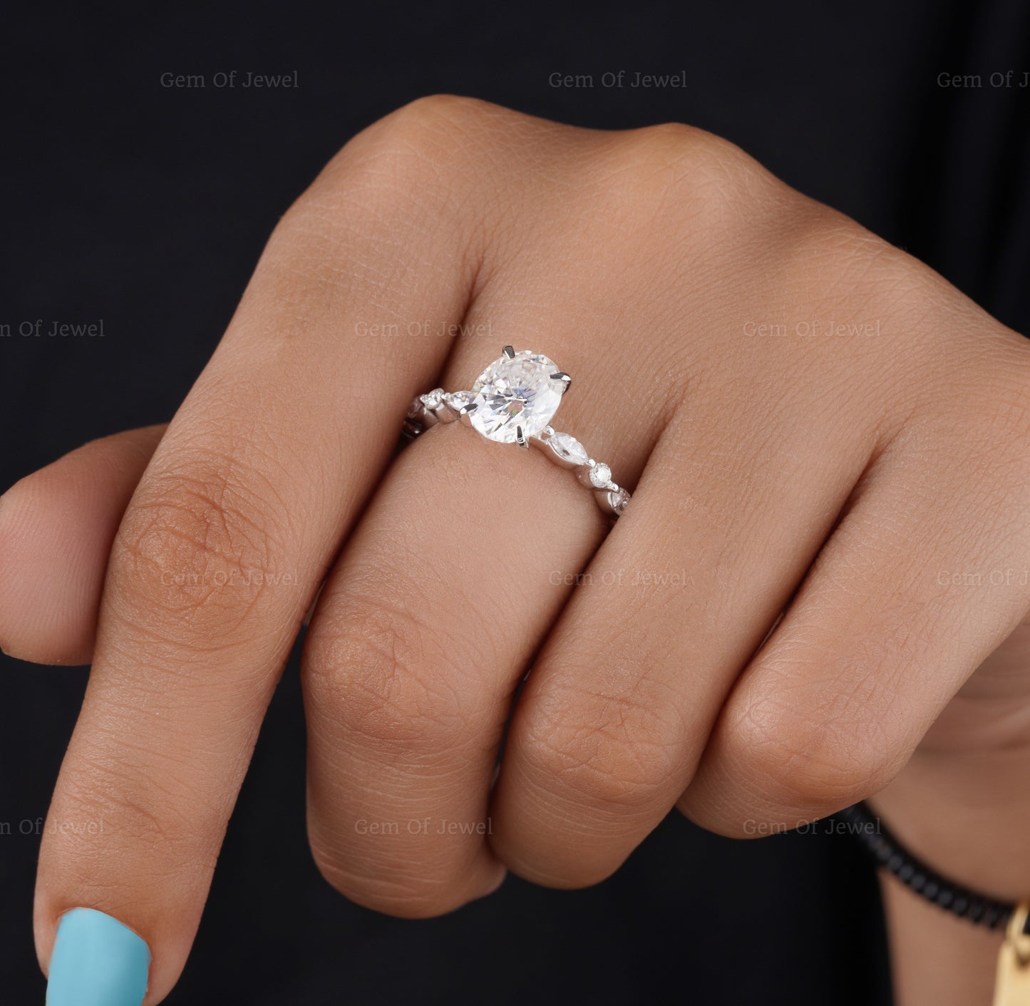 2CT Moissanite Oval Diamond Ring With Round Moissanite Diamond And Marquise Moissanite Diamond On Band Eternity Bubble Band Engagement Ring