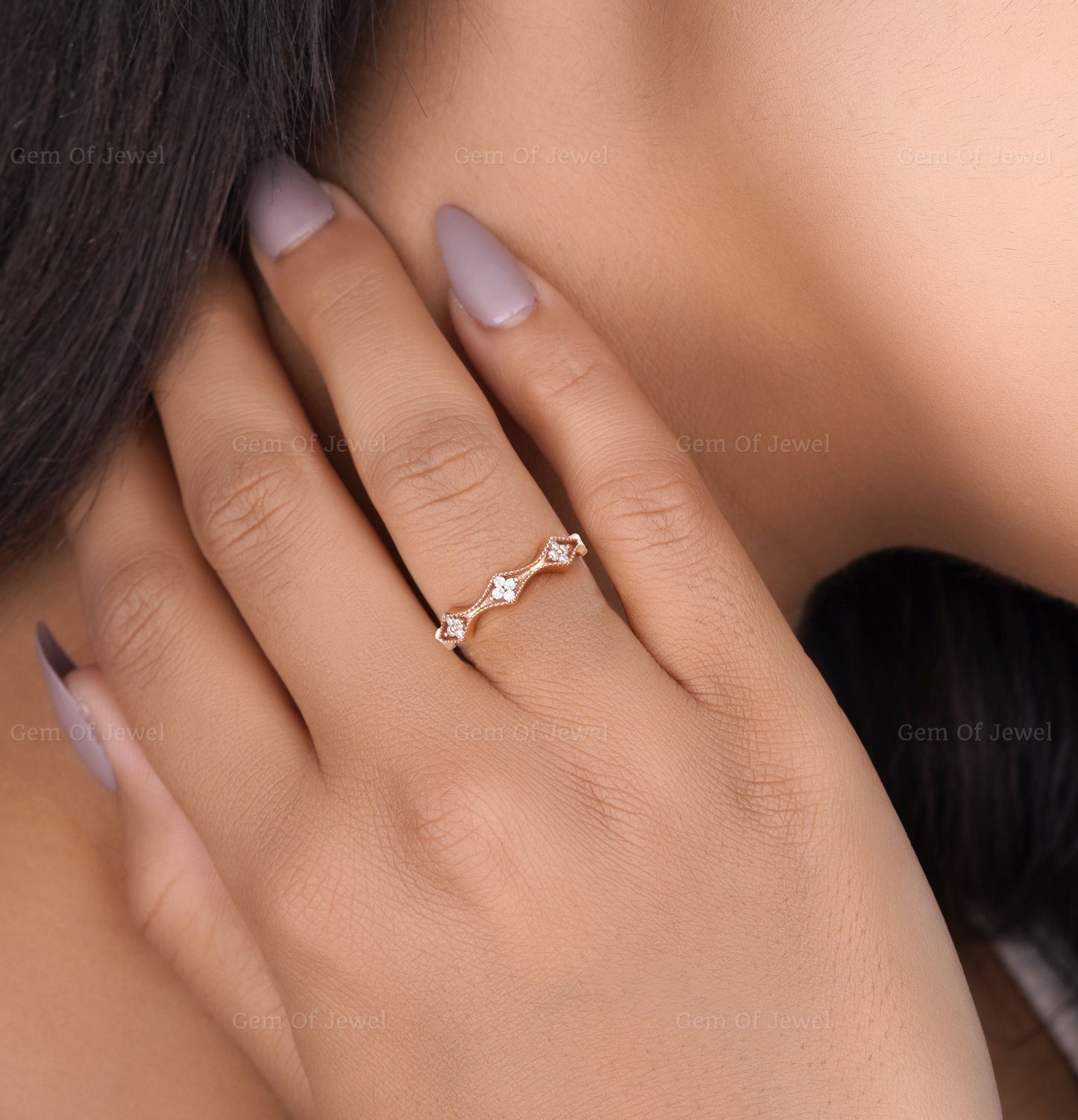 Round Diamond Wedding Ring, Kite Shape Milgrain Design Band, Diamond Matching Band Eternity Band Ring, Round diamond Wedding Ring For Her