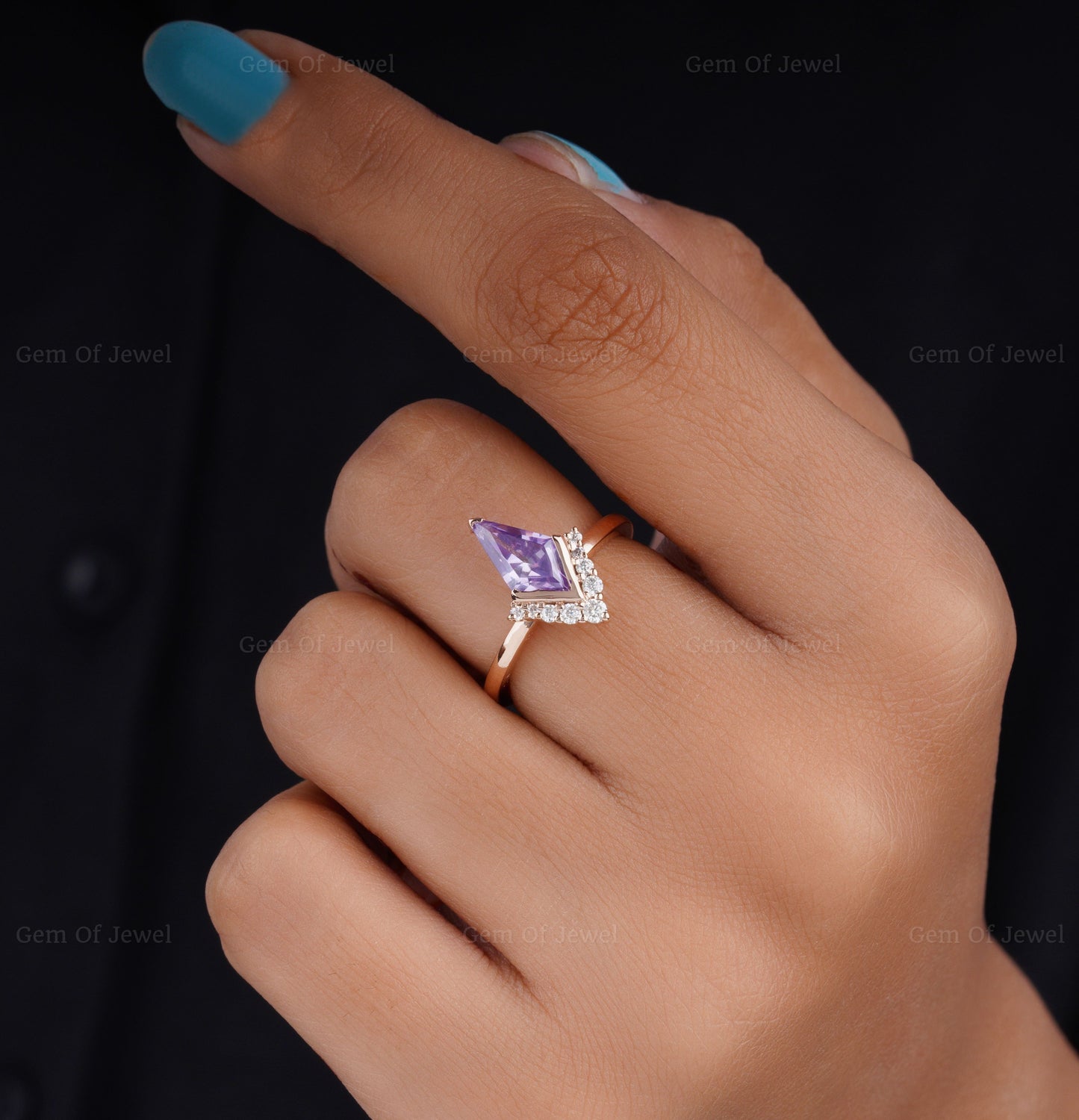 Kite Cut Purple Sapphire Ring Half Bezel Set with Side Round Moissanite Ring, Kite Cut Purple Diamond Gold Ring, Purple Diamond Ring For Her