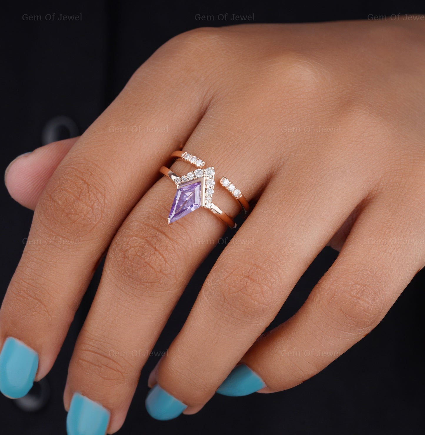 Kite Cut Sapphire Ring With Open Band Wedding Bridal Set, Purple Sapphire Kite Cut Ring With Split Band, Kite Cut Ring And Band Bridal Set
